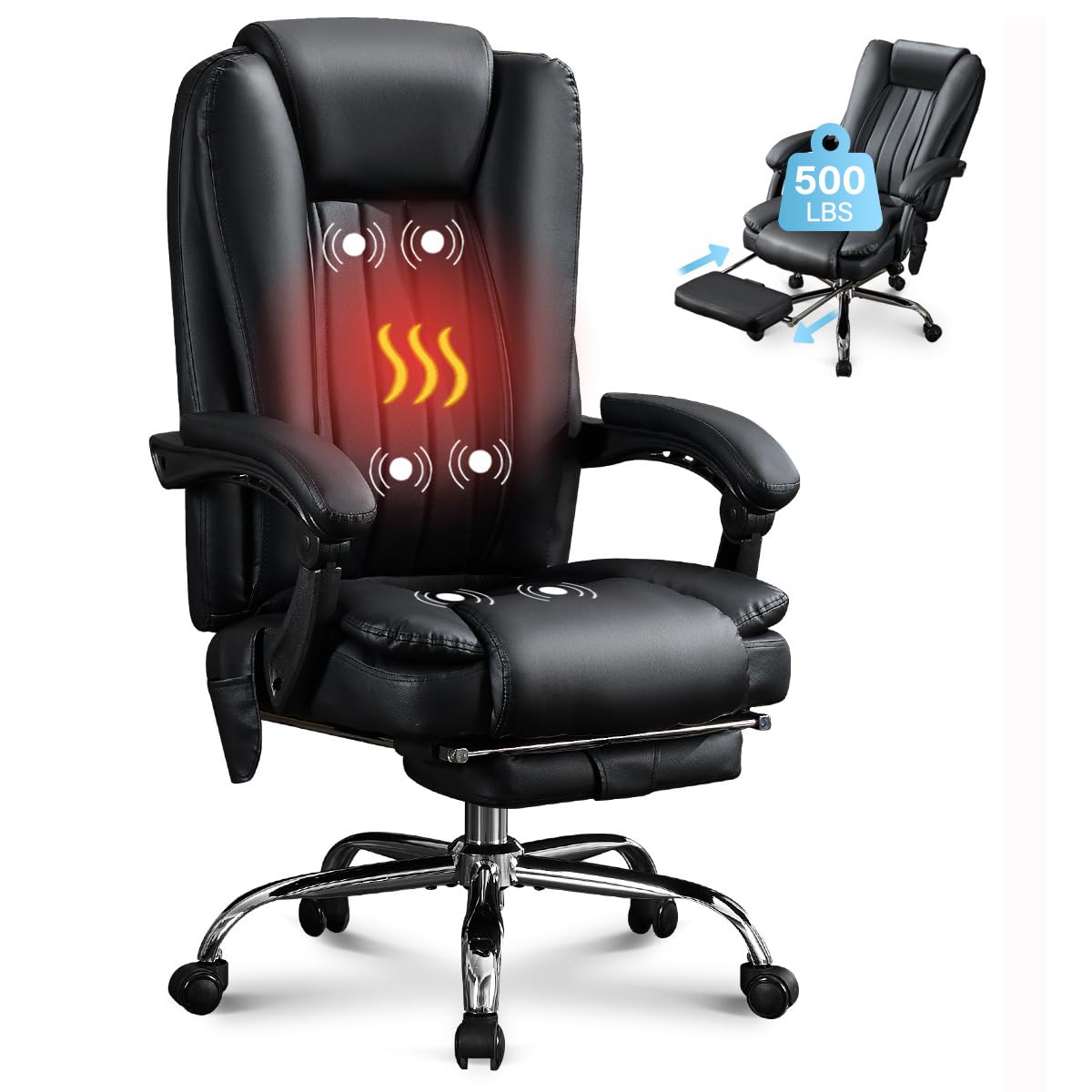 Massage Office Chair with Foot Rest for Heavy People 500lbs Big and Tall Office Chairs with 6 Vibration Points and Heating Function for 8 Hours daliy