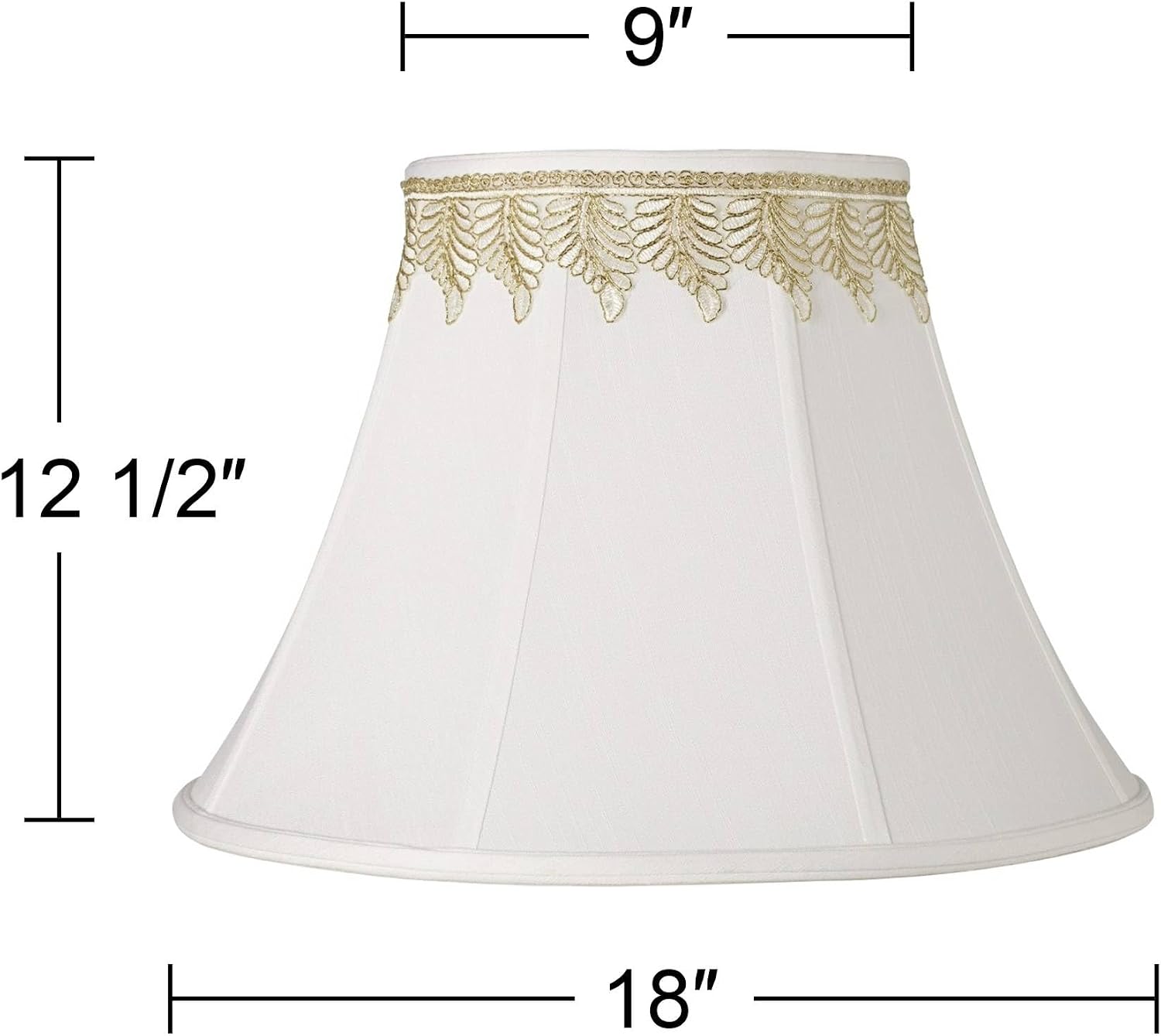 White Fabric Large Bell Lamp Shade with Embroidered Leaf Trim 9" Top x 18" Bottom x 13" High (Spider) Replacement with Harp and Finial - Imperial Shade