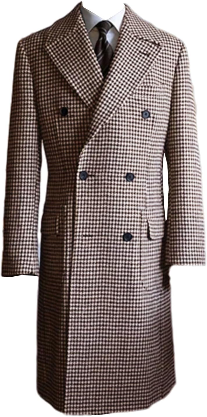 Men's Houndstooth Suit Blazer Double Breasted Long Jacket Wedding Party Coat