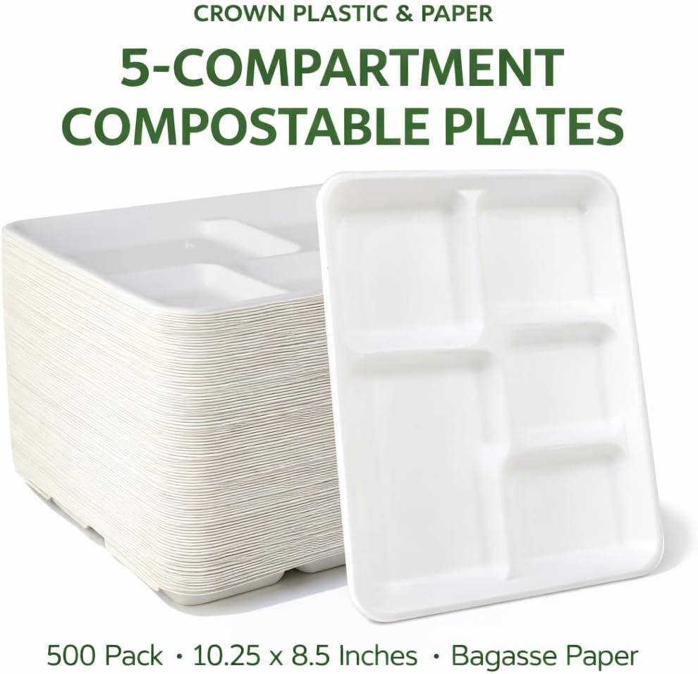 5-Compartment Compostable Plates for Easy Cleanup – Compartment Tray for Portion Control & Mess-Free Meals – 10.25×8.5 In Disposable Bagasse Paper Trays for School Lunch, Parties & Buffets – 500 Pack