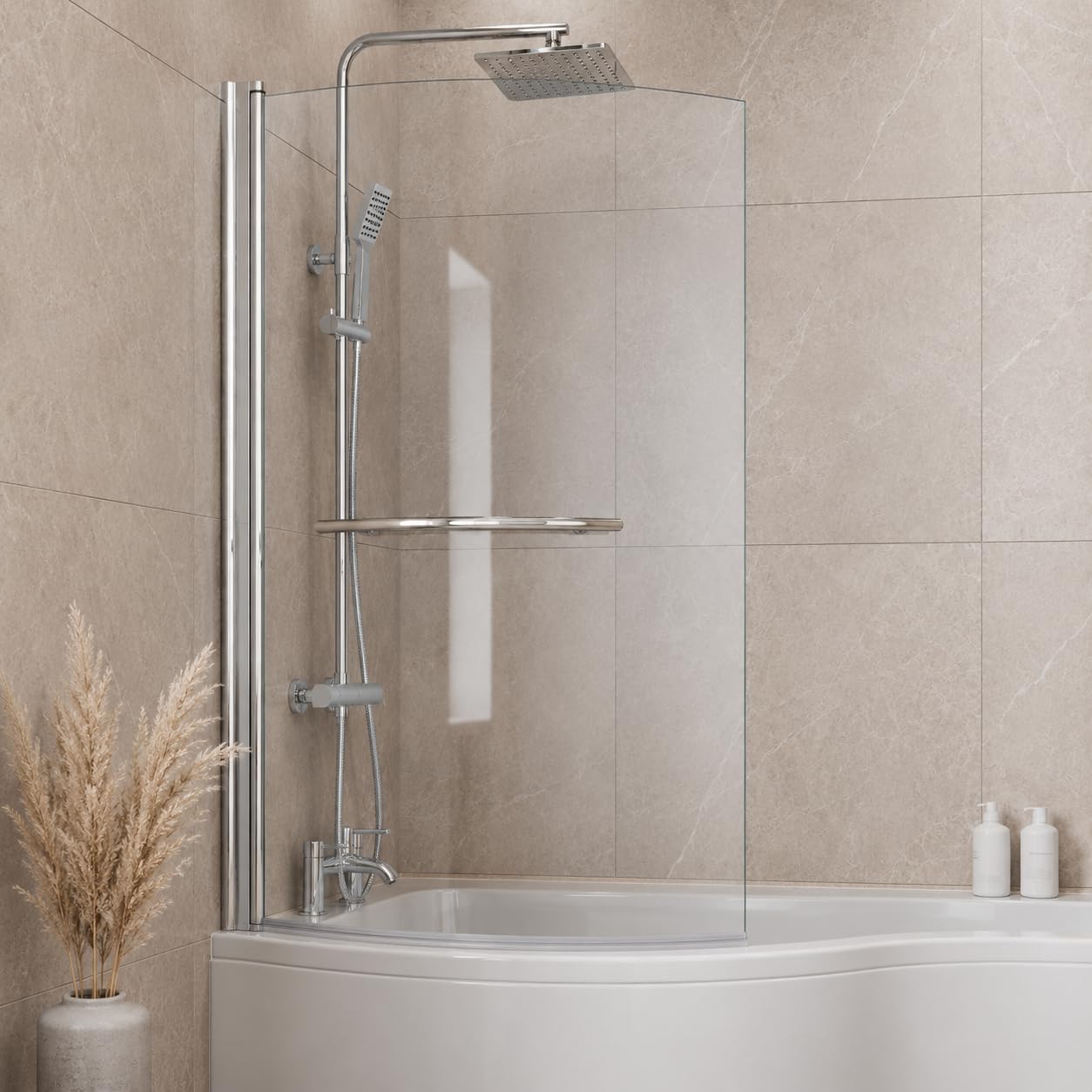 Affine® 1430 x 870mm Chrome Over Bath Shower Screen with Towel Rail Hinged Pivot Panels & Screens for Baths Bathroom Frameless Curved 6mm Glass