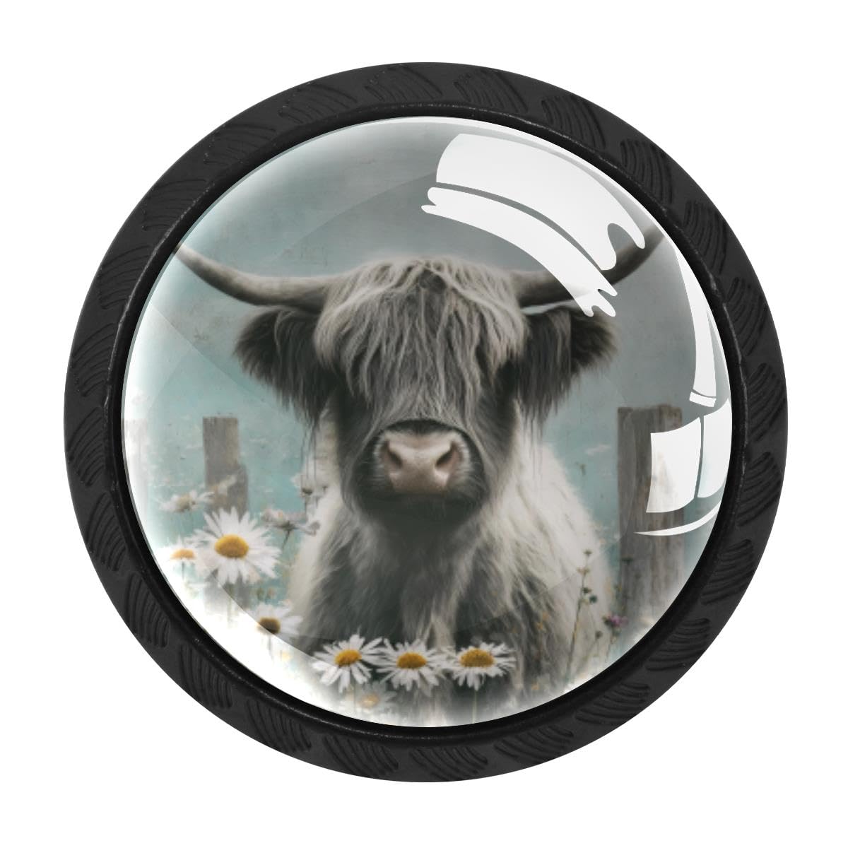 4 PCS Cabinet Knobs, Highland Cow Daisies Drawer Knobs Dresser Handles