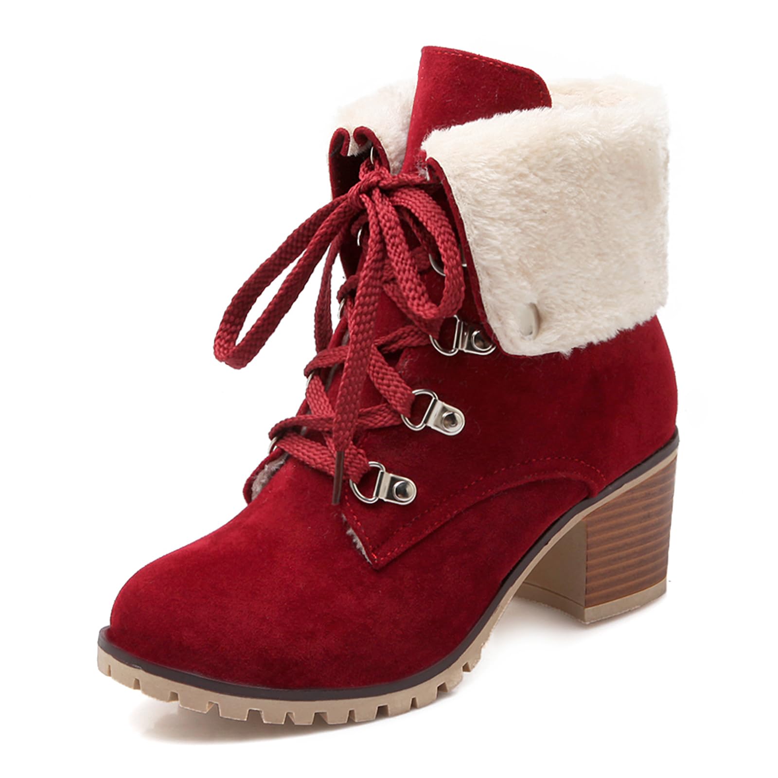 Women Round Toe Lace Up Fur Lined Ankle Cuff Snow Boots