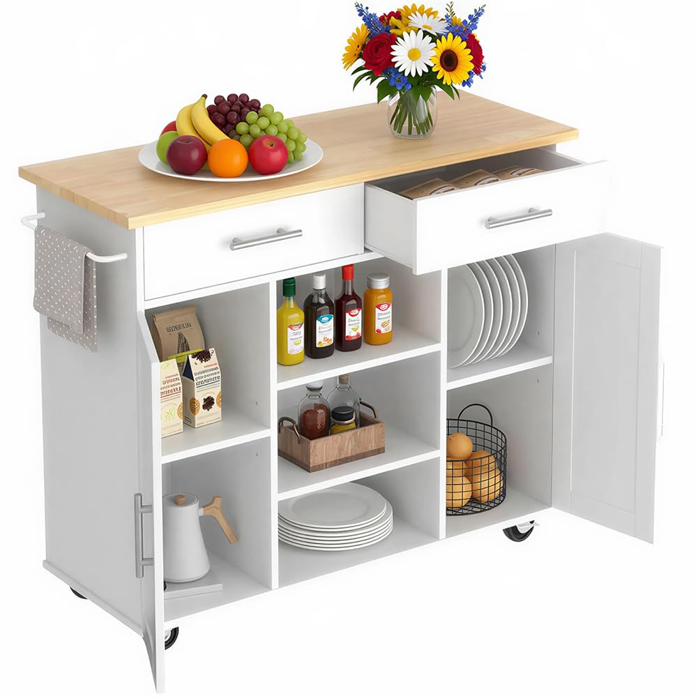 BAKAJI Isola da Cucina con Ruote e Top Quercia, Mobile con Scomparti, Cassetti e Ripiani, Ideale per Stoccaggio e Organizzazione Casa, Carrello Indipendente Salvaspazio 90 x 46 x 100 cm