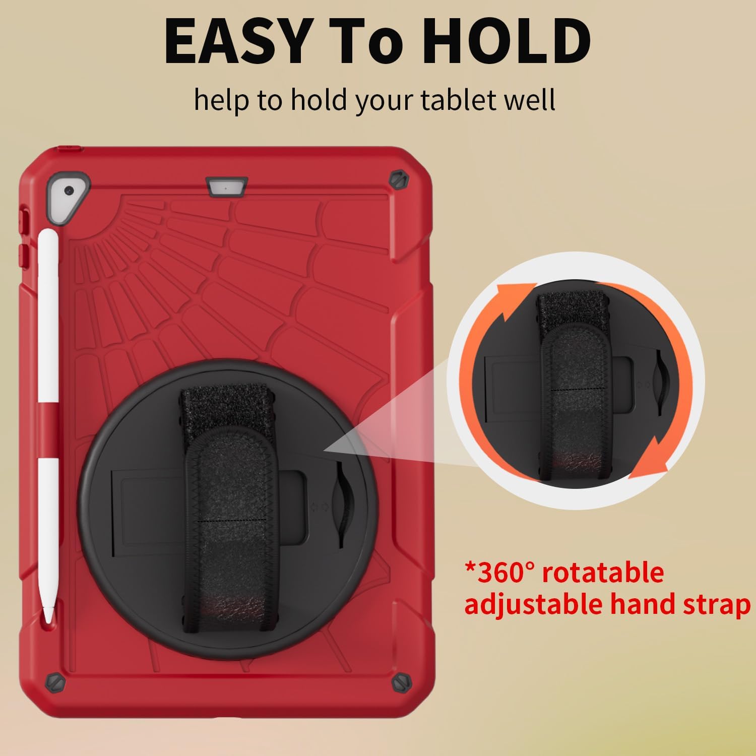 Case for iPad 6th / 5th Generation Case/Air 2 / Pro 9.7 inch, Heavy Duty Protective, with Pencil Holder, Hand Strap, Shoulder Strap, 360 Rotate Stand (Red+Black)