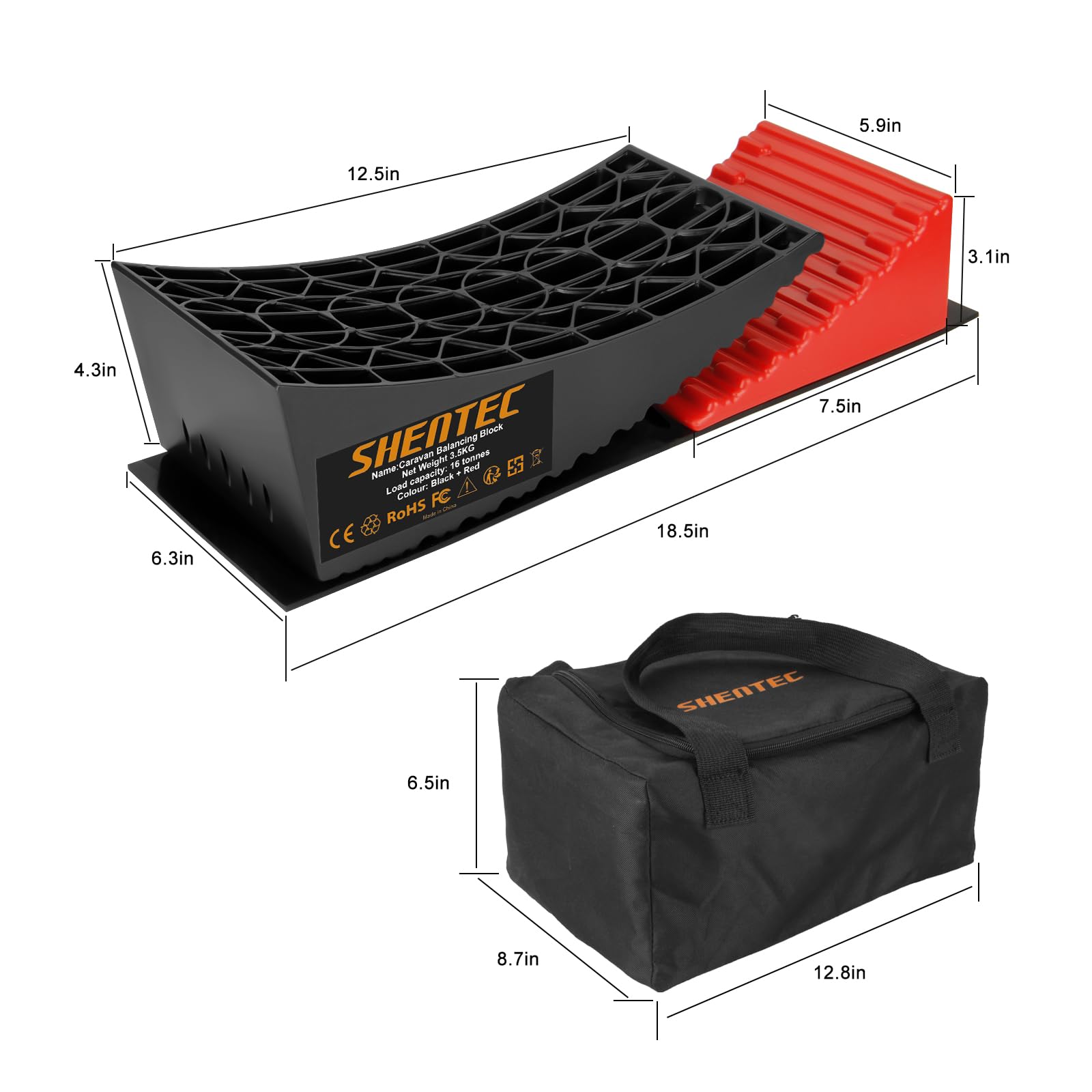 Shentec Set di 2 Cunei di bilanciamento per Camper e roulotte, Fino a 16 tonnellate, con 2 Cunei del Freno, Borsa per Il Trasporto, 2 tappetini Antiscivolo, Cunei per gradini in plastica