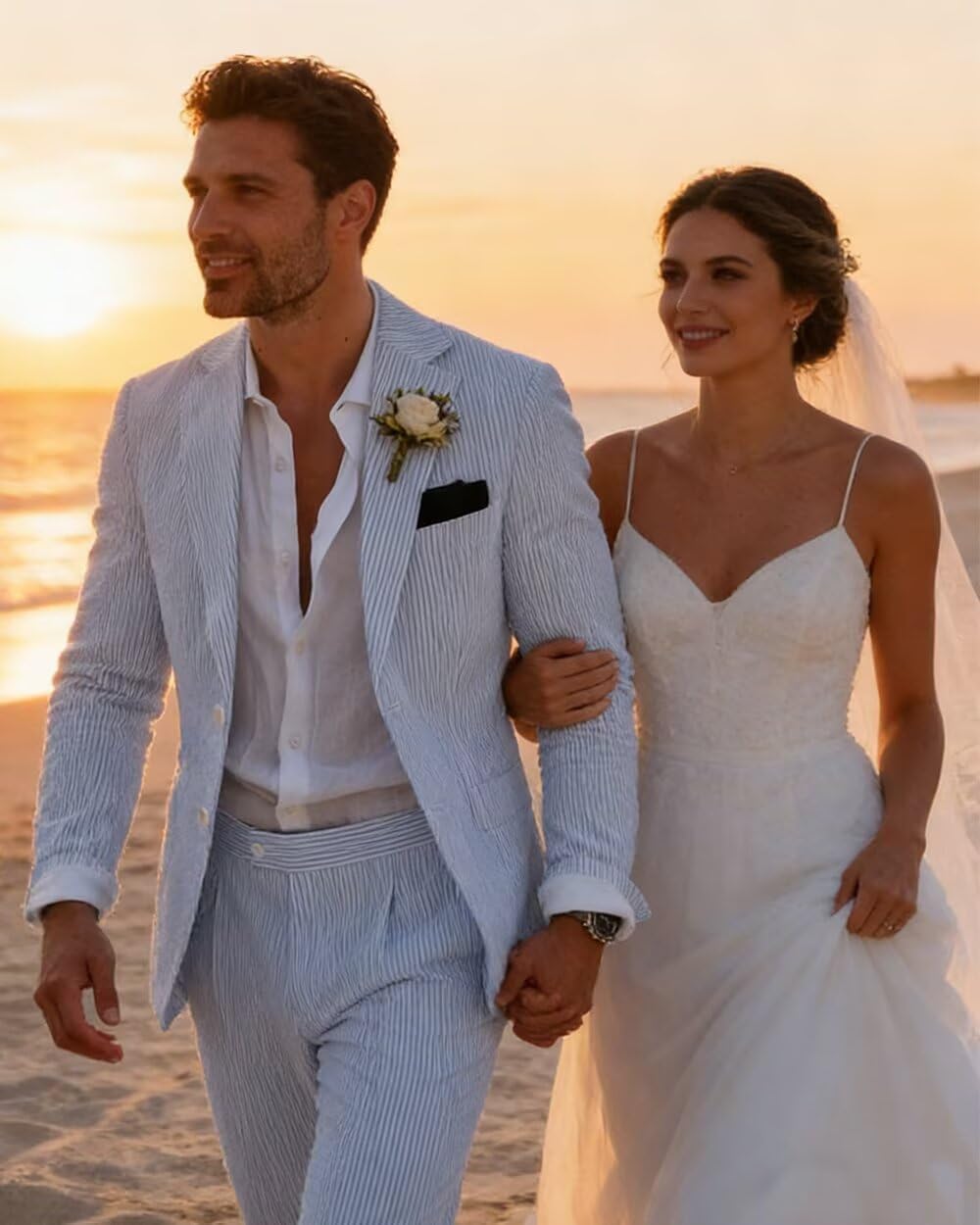 Seersucker Mens Suit 2 Piece Slim Fit Stripe Suits Tuxedo Blazer Jackets Pants Set Summer Beach Wedding Outfit for Men - Image 7