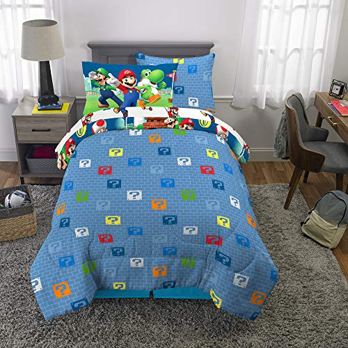 Image of Super Mario Kids Bedding Set, Twin Size 5 Piece Comforter and Sheet Set with Sham, (Officially Licensed Product) by Franco