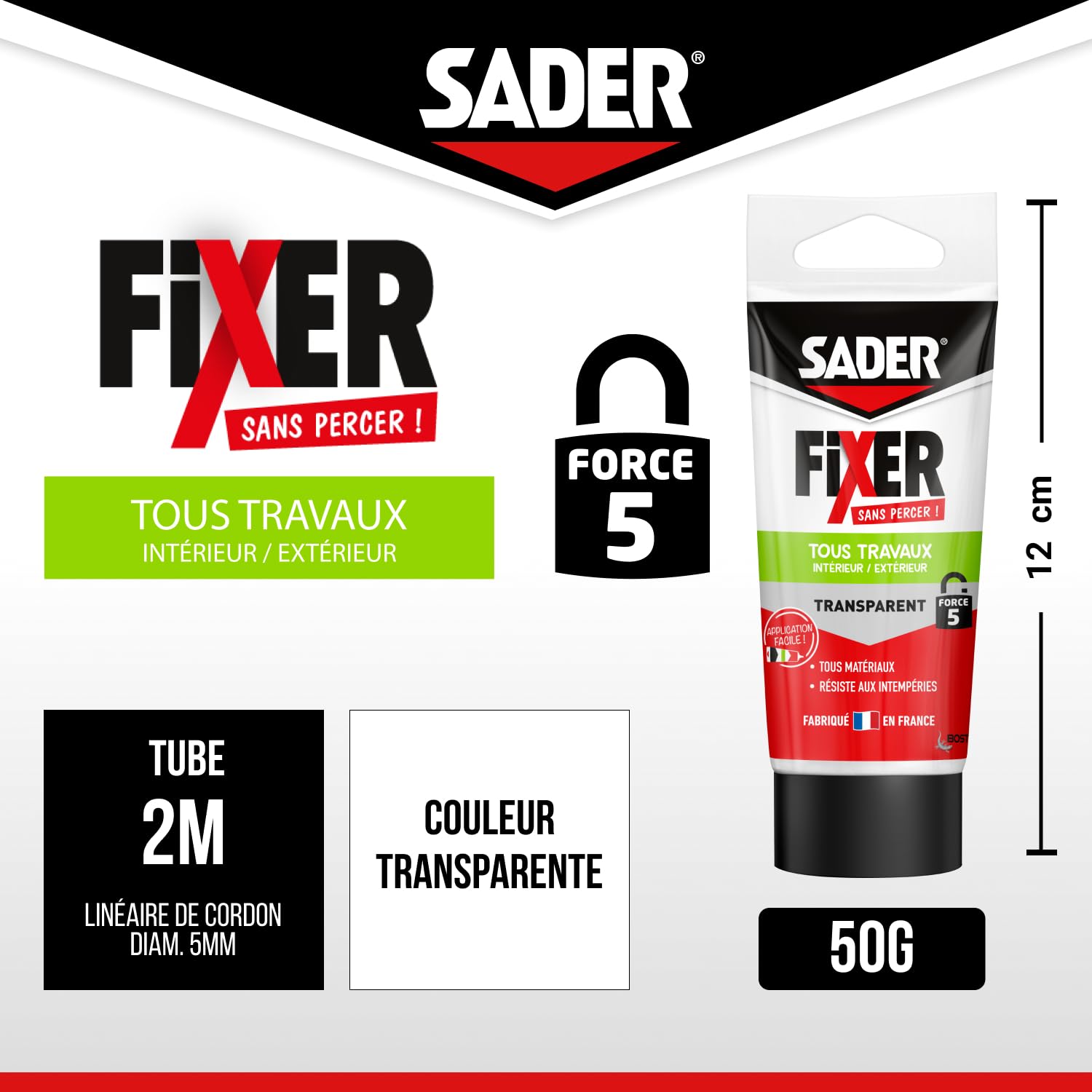 SADER FIJER Sin taladrar cualquier trabajo interior y exterior transparente – Masilla de pegamento híbrido, pegado potente, cualquier material, se puede pintar, tubo de 50 g
