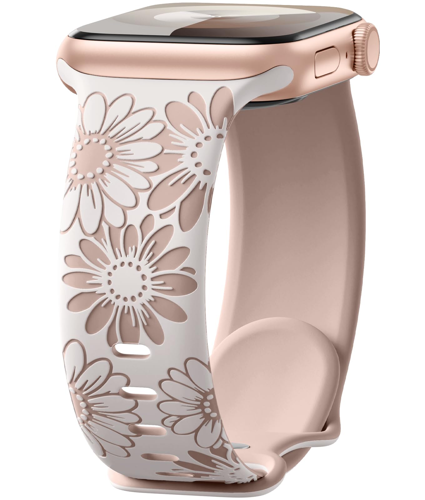Floral Engraved Strap Compatible with Apple Watch Strap 41mm 40mm 38mm for Women, Two-Tone Flower Soft Silicone Sport Band for iWatch Strap/ Apple Watch Band Series 9 8 7 6 5 4 3 2 1 SE
