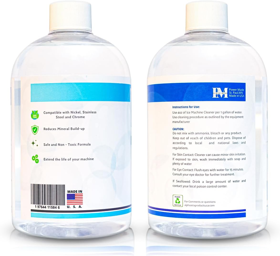 Ice Machine Cleaner & Descaler 16 fl oz 4 Uses | Nickel Safe Formula, Crystal Clear Ice Guaranteed | Compatible with Whirlpool, Scotsman, Manitowoc, Follet & More | Made in USA (1 Pack)