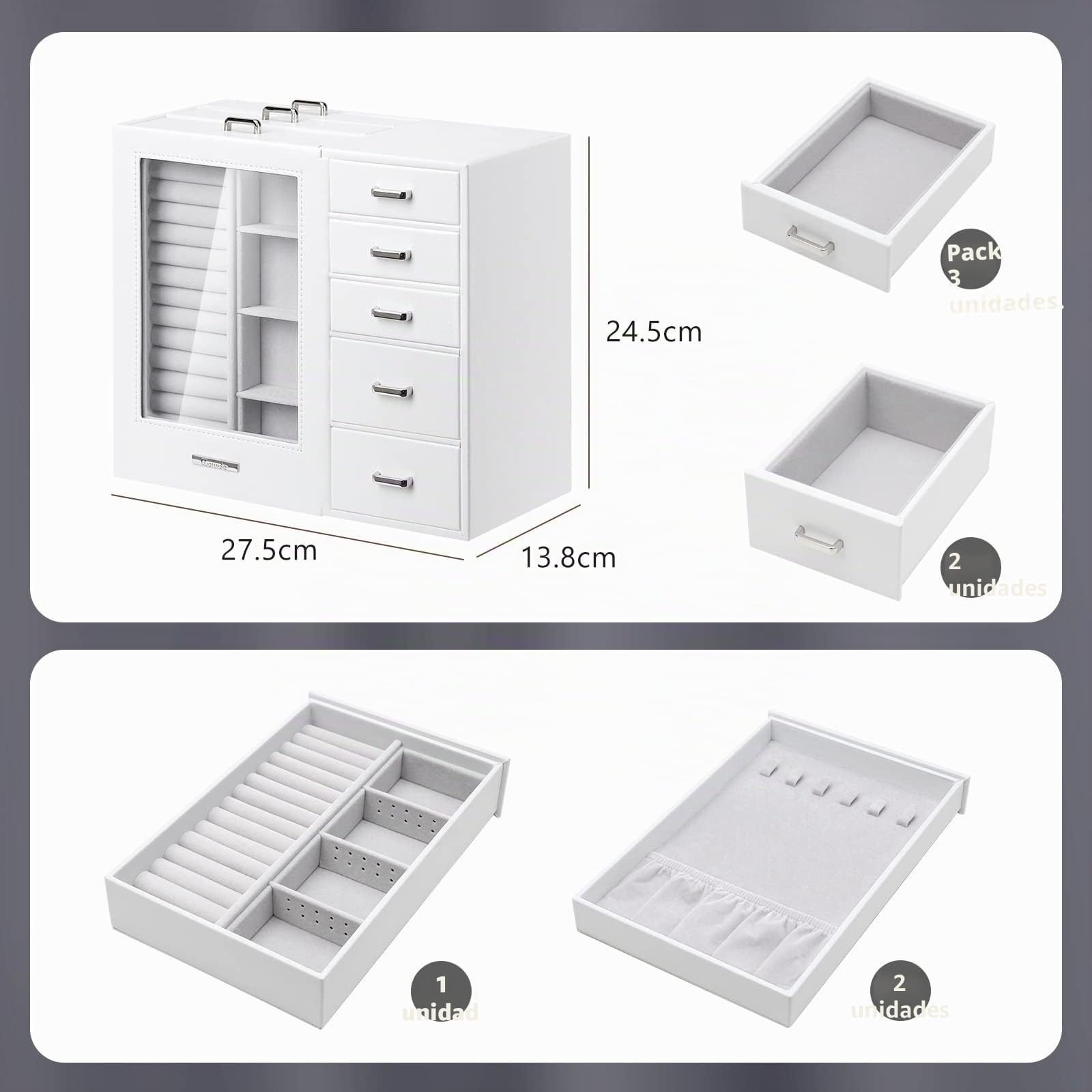Joyero Grande con Vitrina para Mujer: 8 Cajones para Joyas | Organiza Collares Anillos Relojes y Pendientes-Tocador y Dormitorio-Frontal de Cristal para una Selección Rápida-Blanco