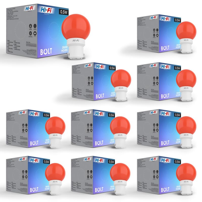 Image of Hi-Fi 0.5W LED Bulb (Red) B22 Base | Energy Efficient Zero Watt Light | Decorative Night Lamp for Home, pooja room light & Bedroom Zero Blub (Pack of 10)