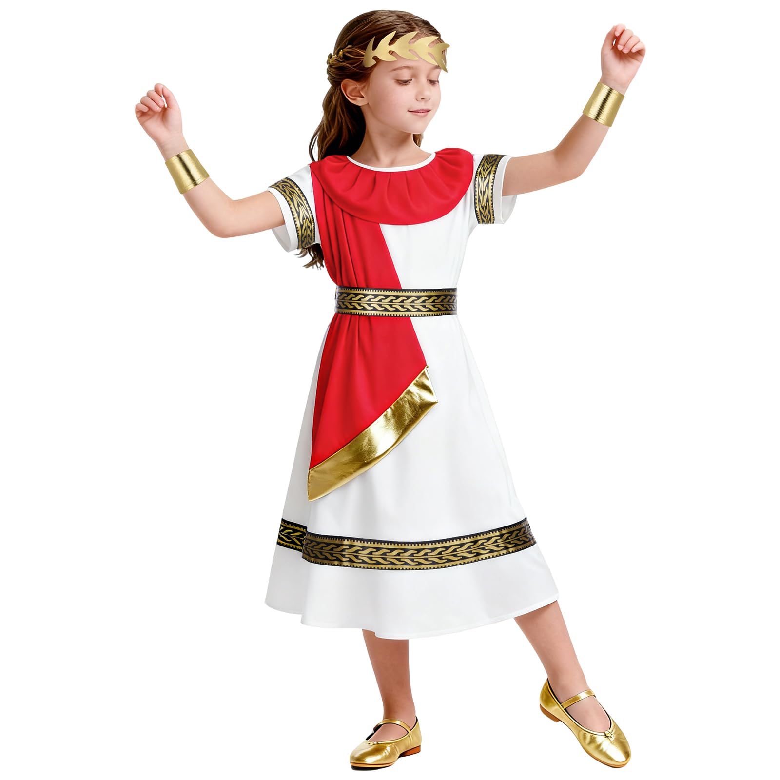 BSBUY Ancient Roman Greek Costume Girls Kids White Red Greek Goddess Long Robe Roman Toga Fancy Dress Costume Roman Dress Up Outfit with Belt Headband Wristband for Halloween World Book Day(120)