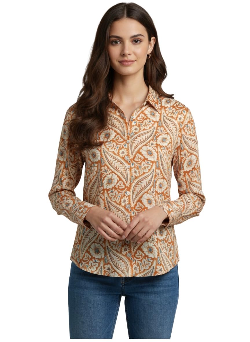 ANNI Designer Bedrucktes Damenhemd aus Baumwollmischgewebe, langärmelig, normale Passform, Hemdkragen, legere Bürokleidung, elegante Western-Kleidung für den Alltag, Hochzeit, Party