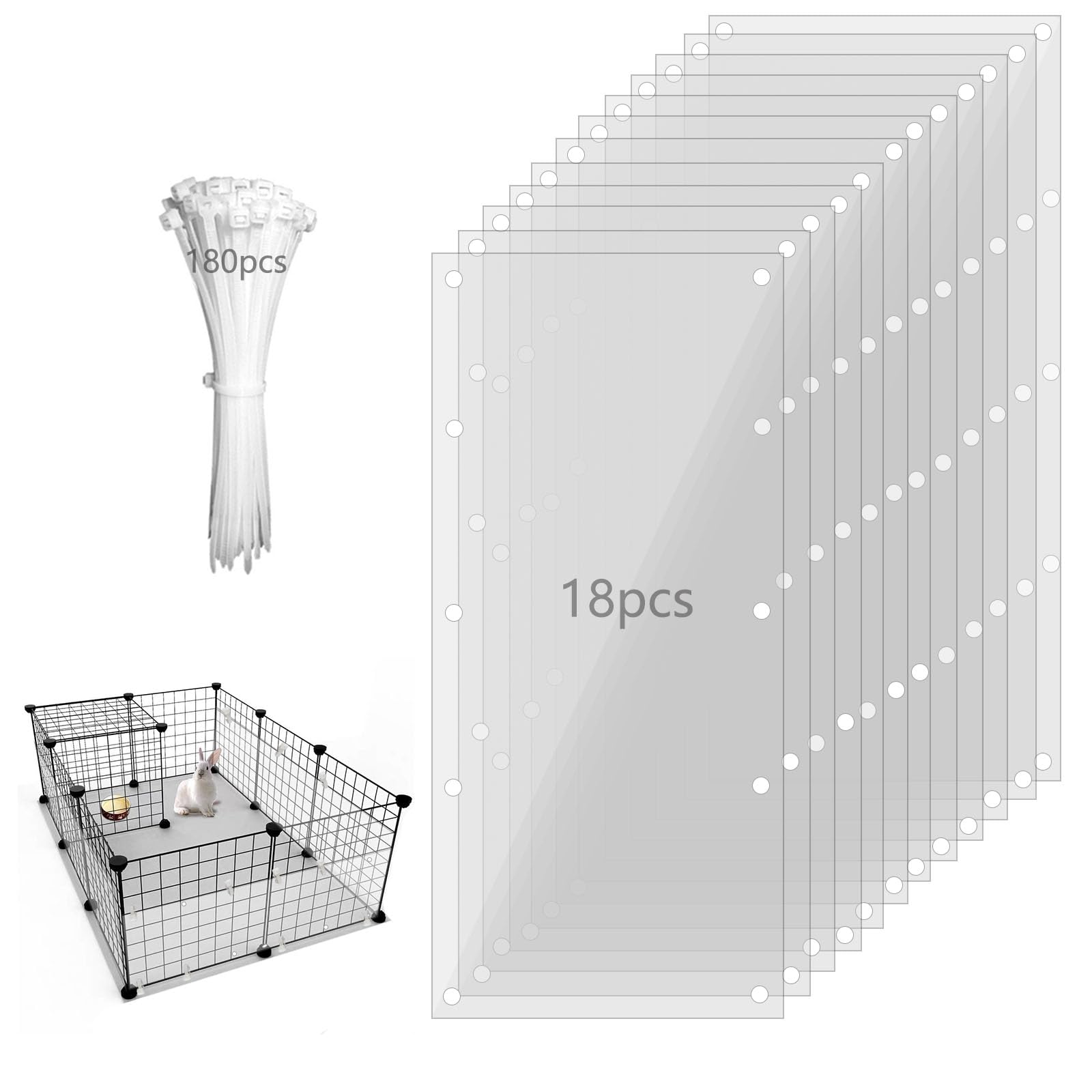 PEFAVPRO 18PCS Pet Cage Guard, Rabbit Urine Guard, 13.8" x 5.9" Pet Cage Edge Liner with 180PCS Ties for Rabbit, Guinea Pig, Hamster, Chinchilla, Hedgehog, Ferret, Bunny