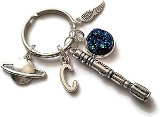 Personalised TIME TRAVELLER themed silver charm keyring OR bag clip add initial gift, who themed sci fi space birthday present, Xmas stocking favors