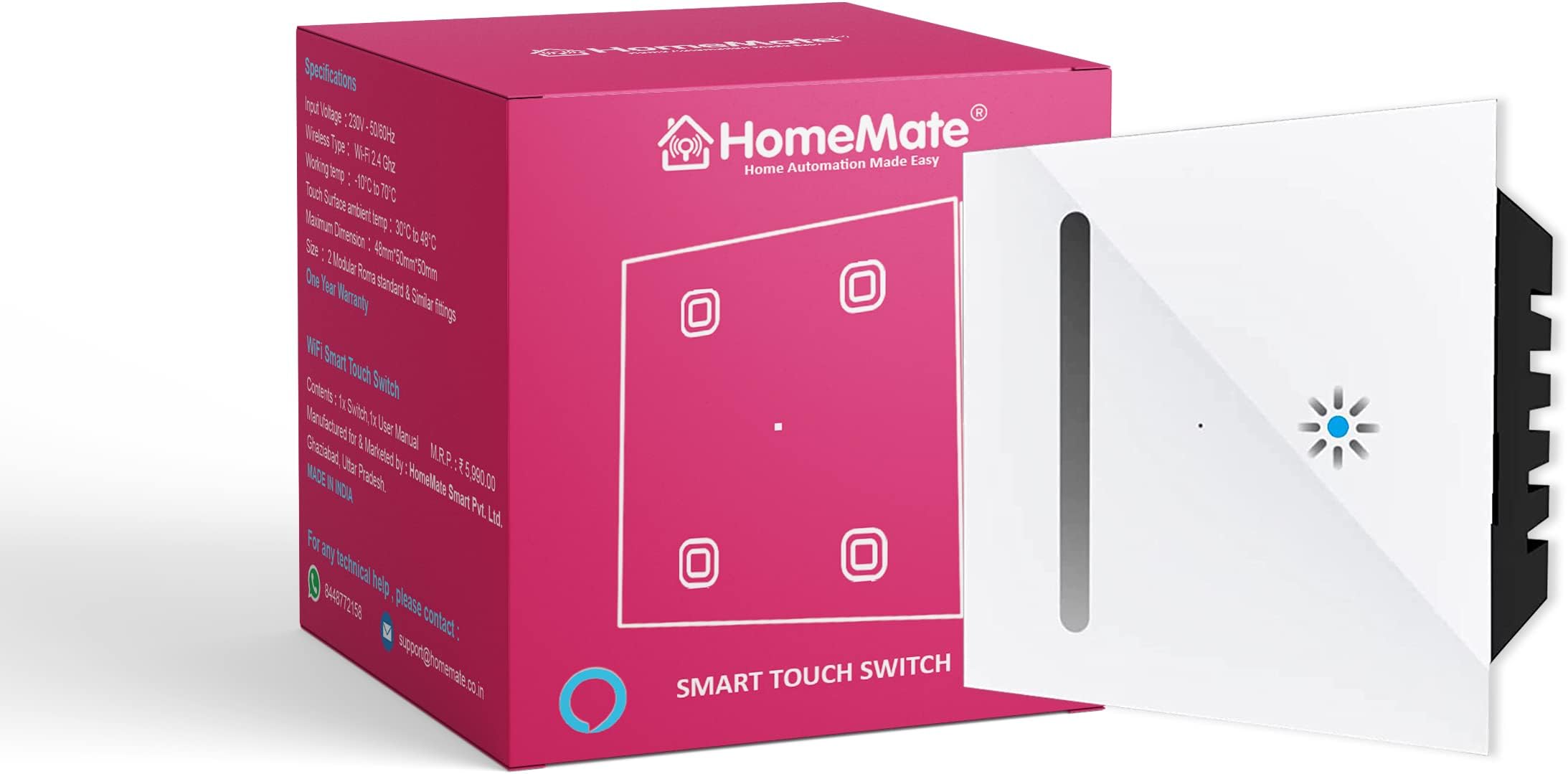 Sponsored Ad - HomeMate 230 Volts (AC) ® Smart Dimmer Touch Switch Wi-Fi - White| Compatible with Alexa, Google Assistant & Siri | App Control | Stylish Glass Finish