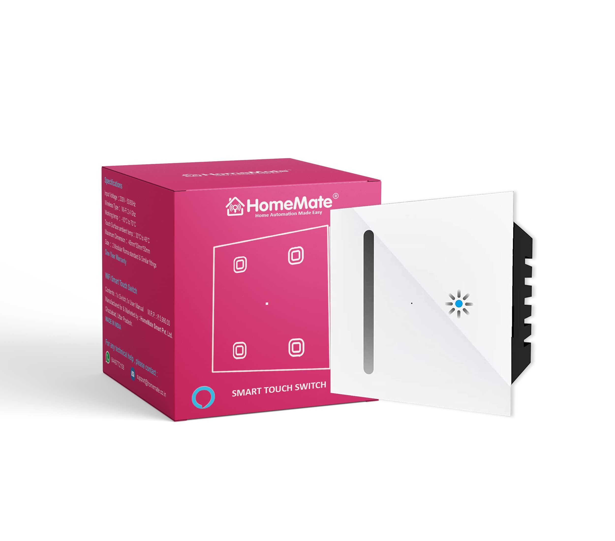 Sponsored Ad - HomeMate 230 Volts (AC) ® Smart Dimmer Touch Switch Wi-Fi - White| Compatible with Alexa, Google Assistant & Siri | App Control | Stylish Glass Finish