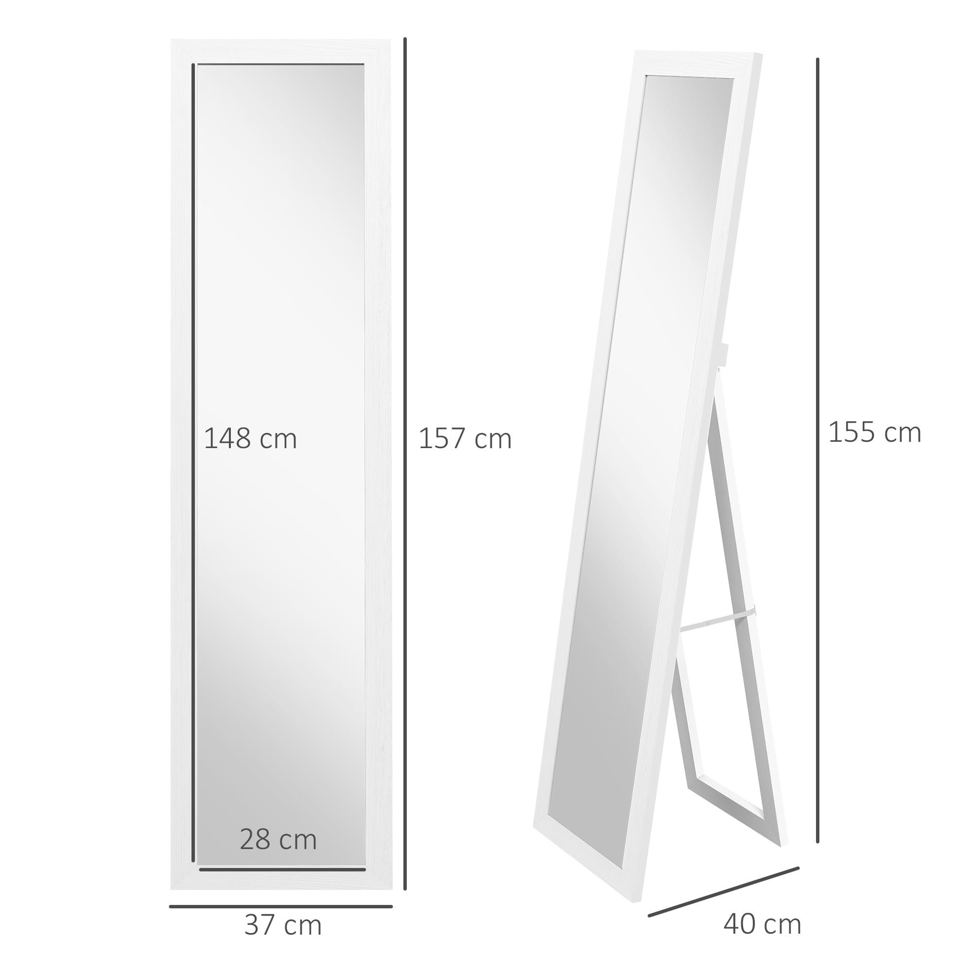 HOMCOM Specchio da Terra con Cornice in MDF con Piedini e Ganci, Specchio Moderno per Utilizzo a Parete, 37x40x155 cm, Bianco e Trasparente