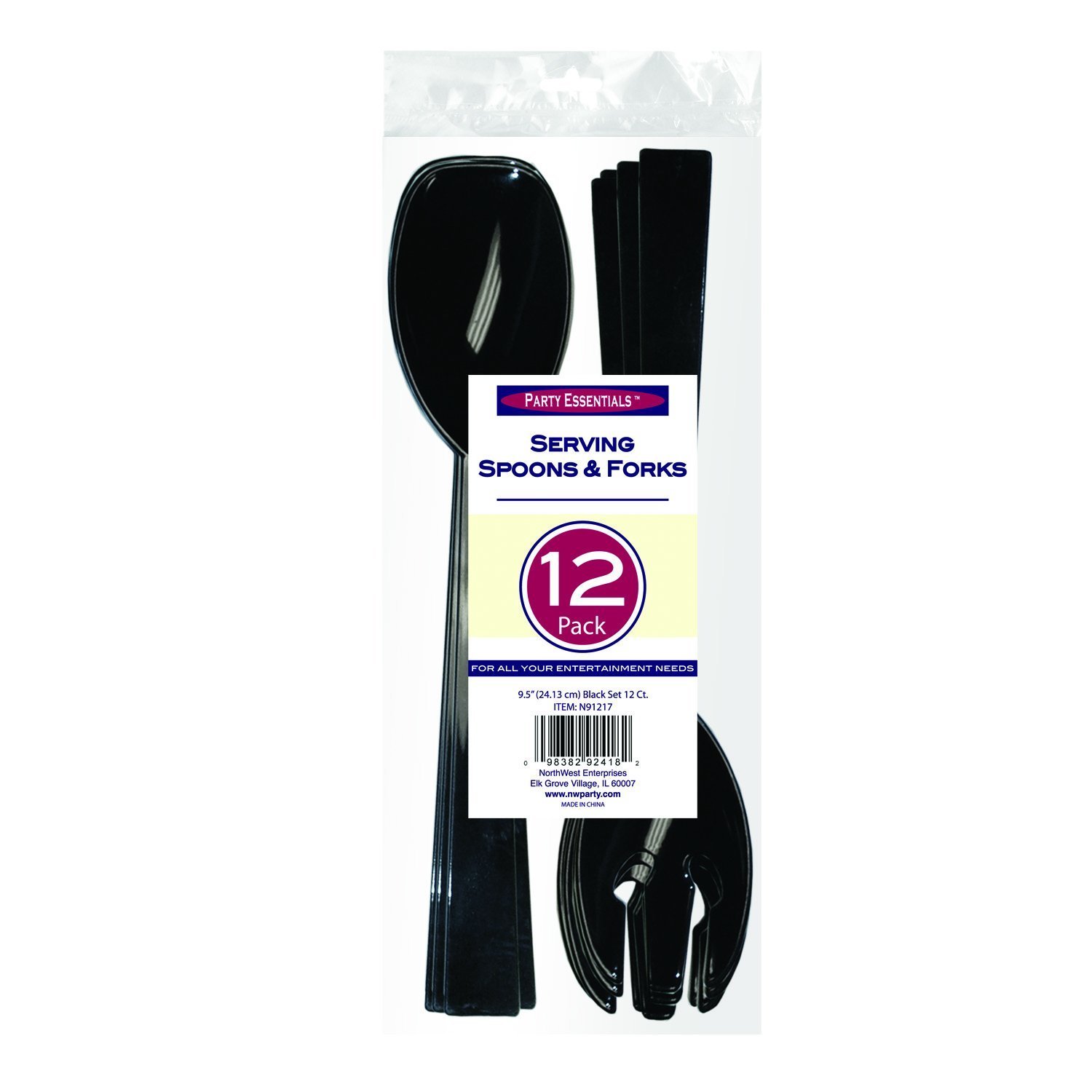 Party Essentials Hard Plastic Serving Forks and Spoons, 9.5-Inch, Black, Set of 6