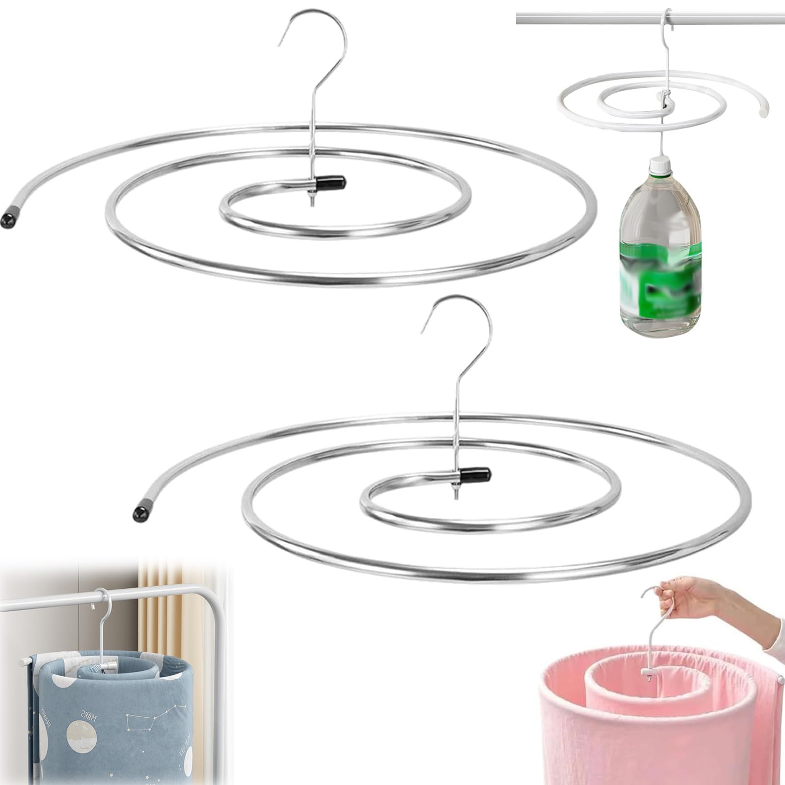 Spiral Drying Rack Stainless Steels, Stainless Steel Round Spiral Drying Rack, Foldable & 360° Rotation Clothes Drying Rack, Perfect for Bed Sheets, Blankets (2pcs*Stainless Steel)
