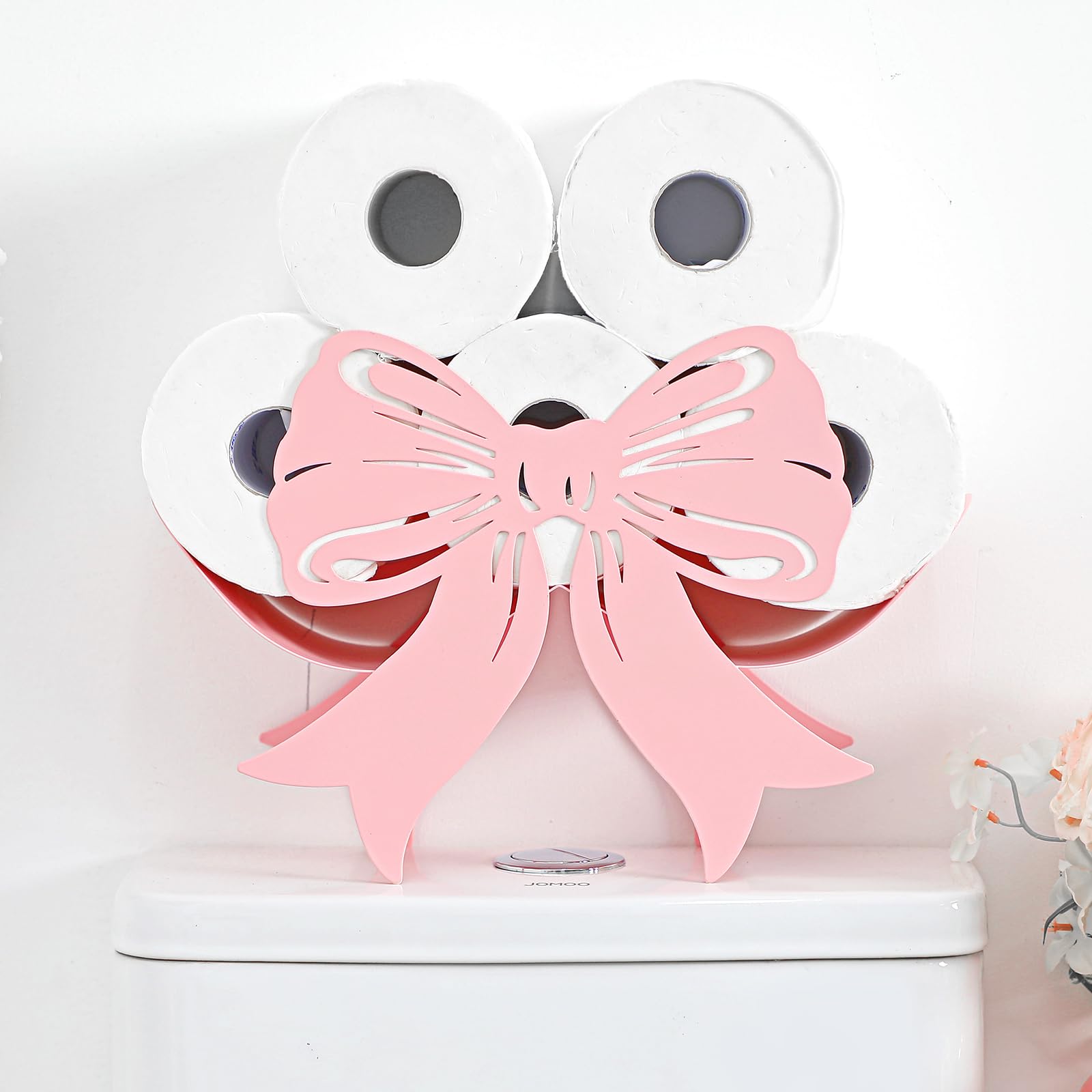 Geelin Bow Metal Toilet Paper Storage Holder Wedding Bow Bathroom Decor 8 Rolls Decorative Toilets Paper Holder Wall Mounted for Bathroom Kitchen Bedroom Coquette Home Decor(Light Pink)