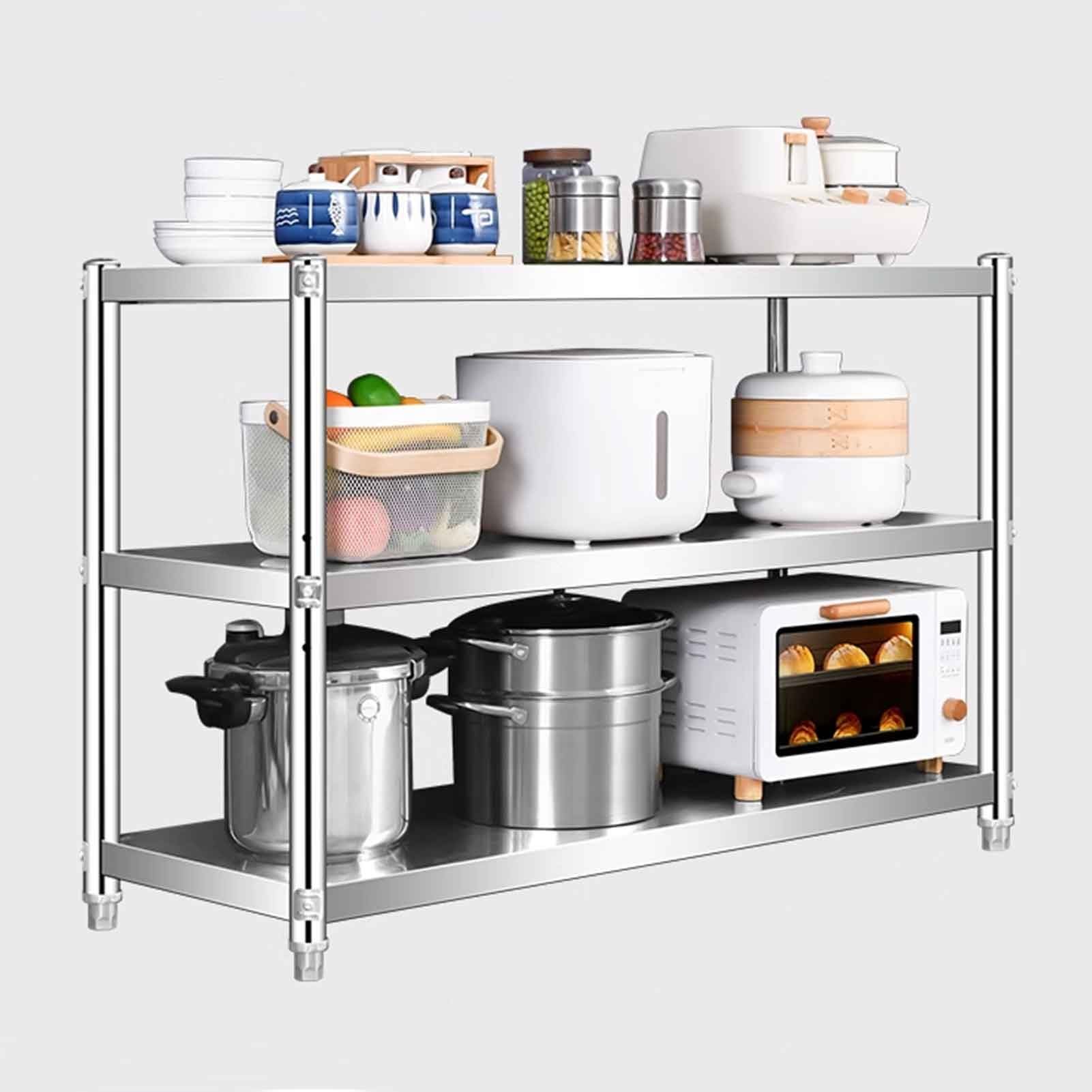 Scaffale a 3 ripiani in acciaio inox, multiuso, in metallo, per cucina, soggiorno, ufficio, ga e patio, 60 x 60 x 80 cm, autoportante e moderno