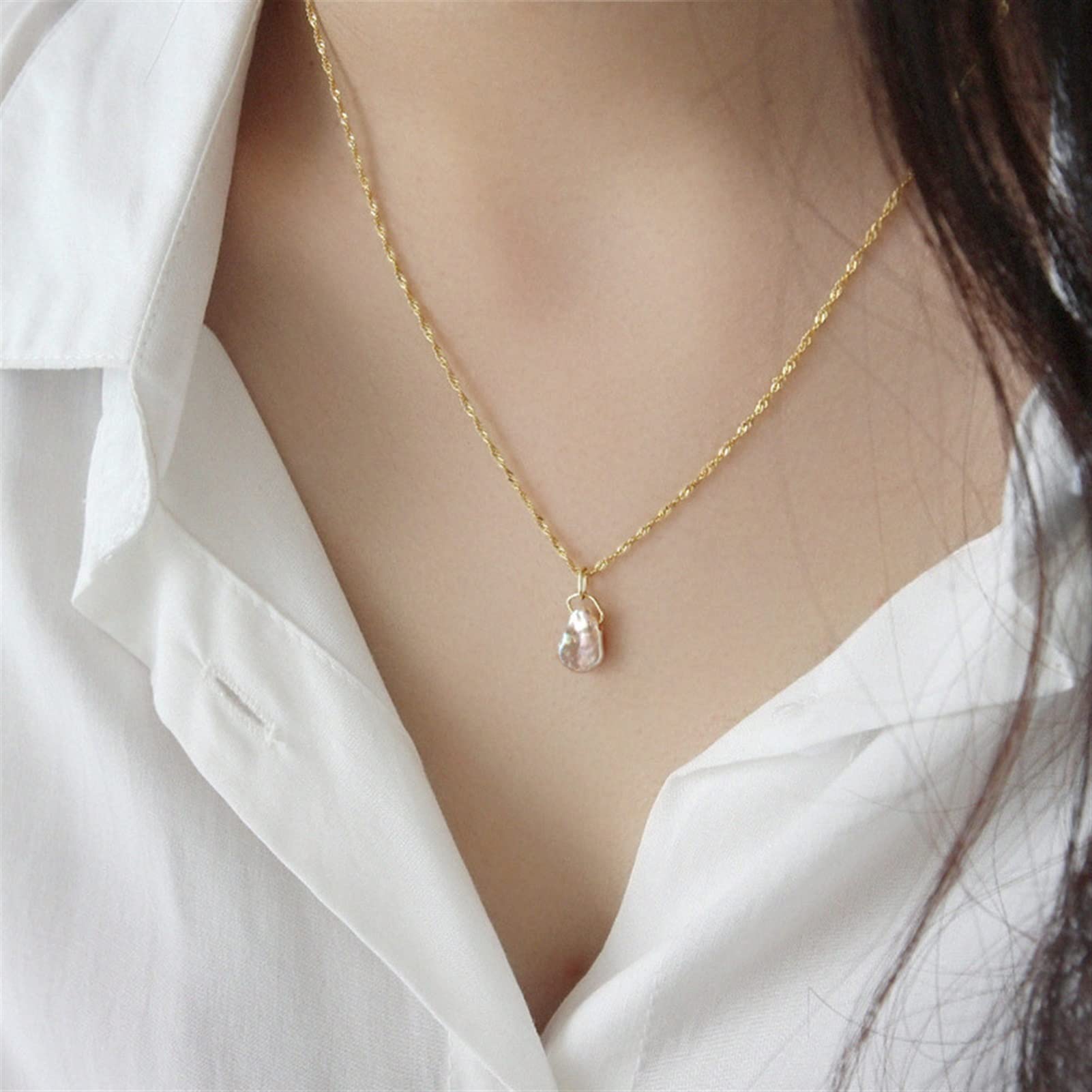 Collane 925 Sterling Argento Perla Irregolare Pendente a Ciondolo Lungo Catena di Lusso Signore Gioielli a Sospensione for Feste di Nozze Collana da Donna (Gem Color : Gold)