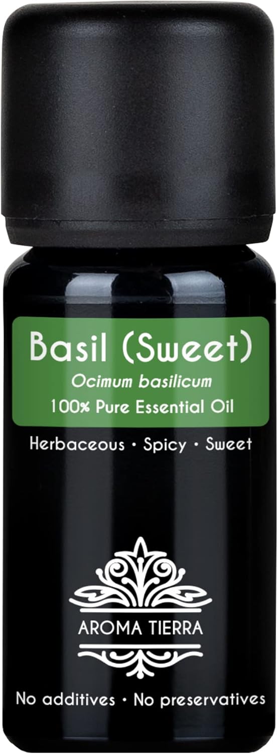 Aroma Tierra Basil Essential Oil (Sweet Basil) – 100% Pure, Natural, Therapeutic Grade – For Aromatherapy, Skin care, Massage, Diffuser, Beauty, Wellness – 10ml