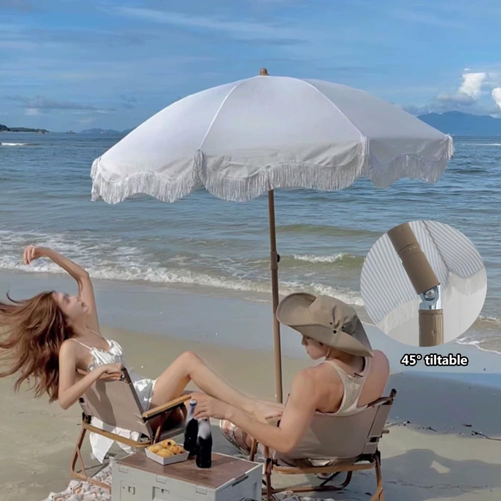 Parasol Plażowy 200 cm z Frędzlami, Parasol Ogrodowy z Ochroną UV i Odchylany z Regulowana Wysokość Słupkiem do Ogrodu i na Imprezy(Brown Pole)