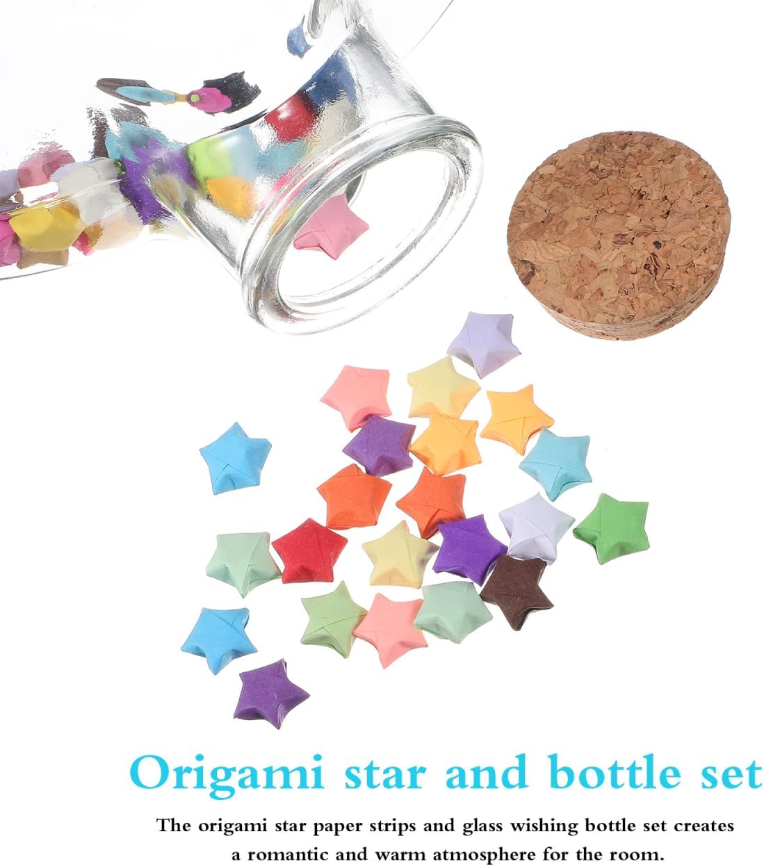Zerodeko Rainbow Origami Star Paper Strips with Glass Wishing Bottle Set for Birthday and Room Decoration Diy Crafts 3.15 Inch Folding Paper Stars