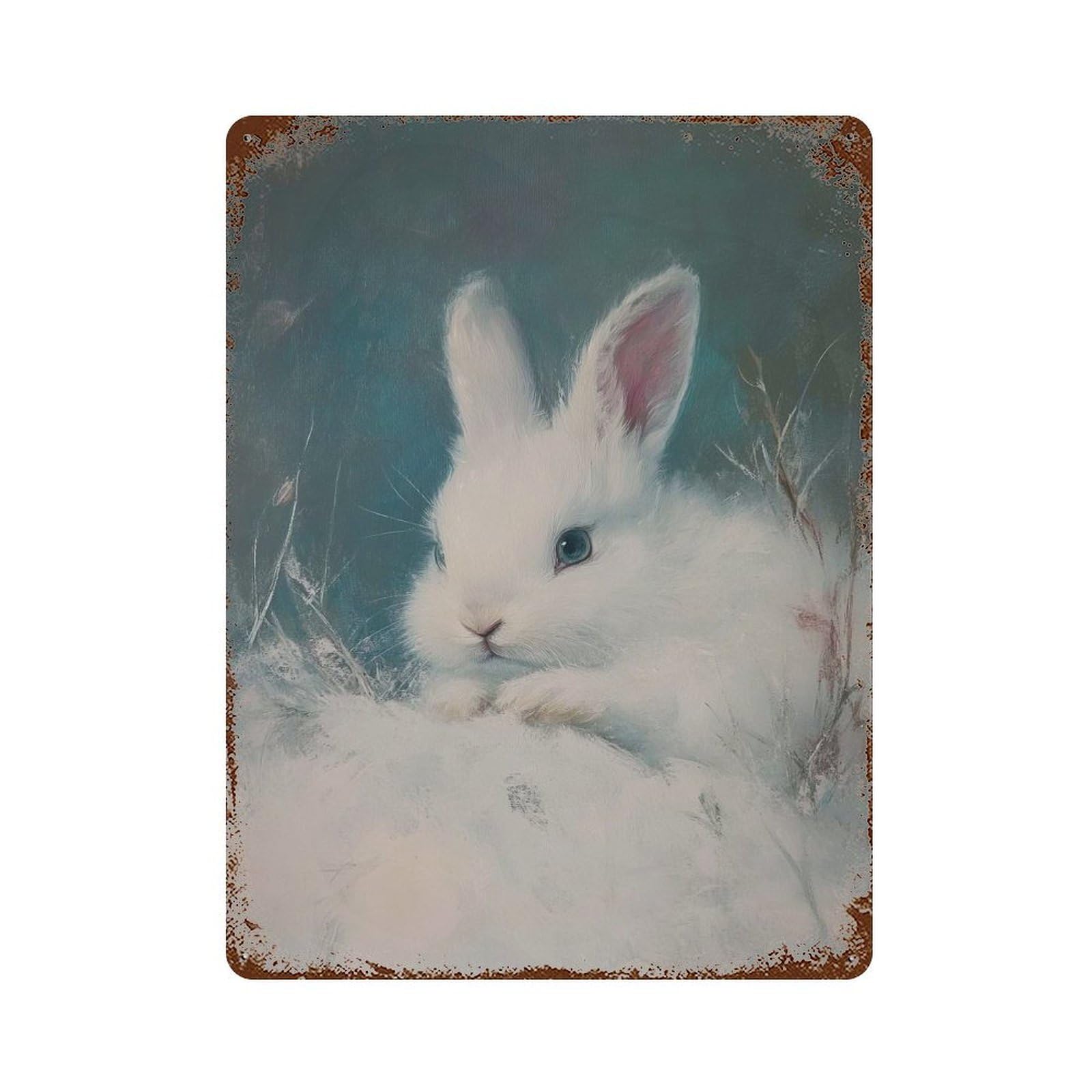 White Rabbit Painting Aged Metal Wall Plaque 15.7"x11.8", Industrial Home Decor for Pub, Kitchen And Man Cave Decor