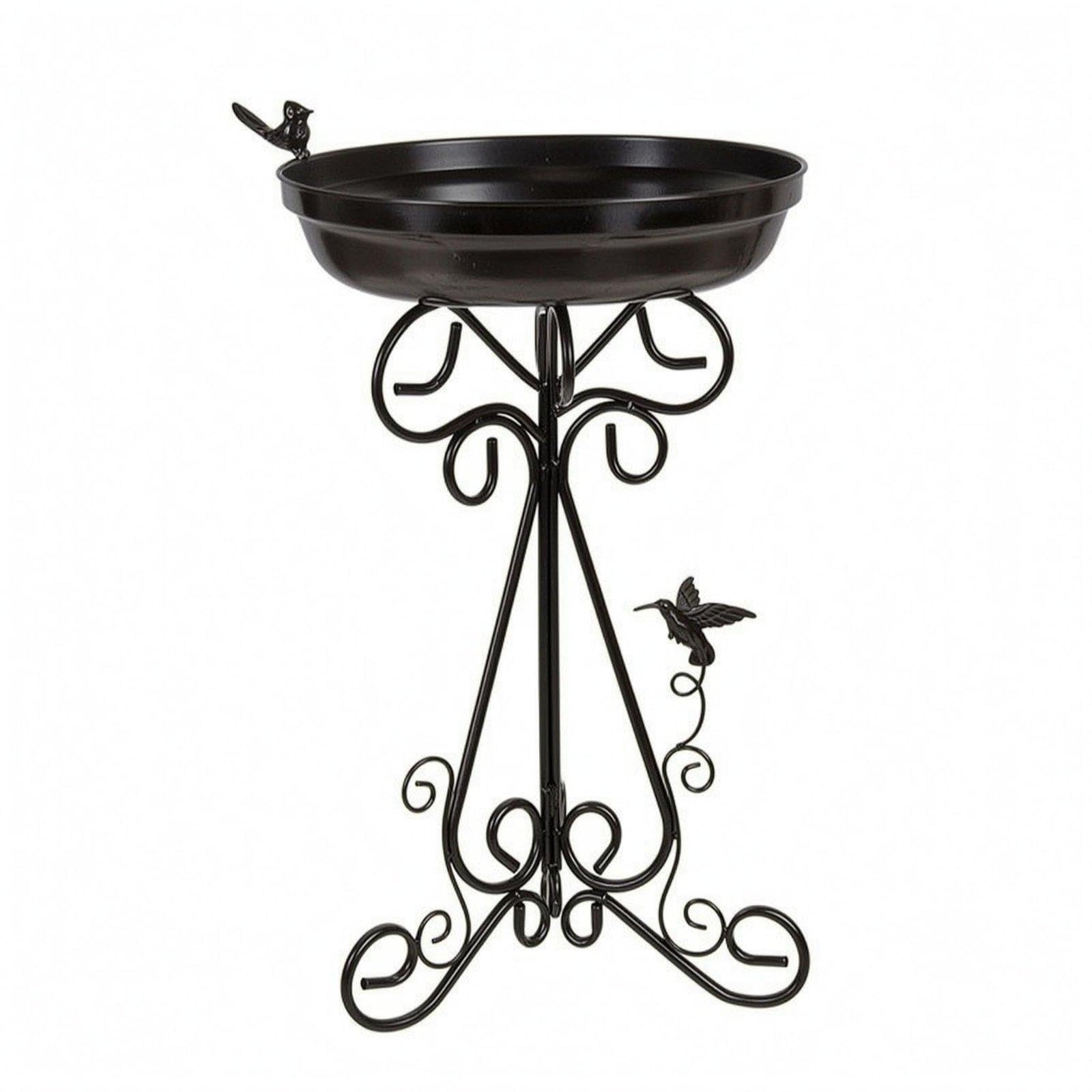Freestanding Bird Bath Wroughtwrought-Iron-Look Metal Avian Feeder Scrollwork Freestanding Bird Feeder Black-picture-26