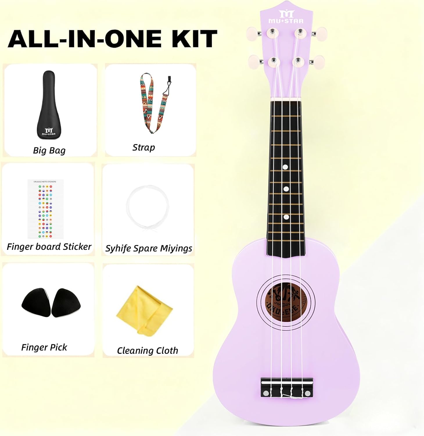 MUSTAR Soprano Ukulele for Beginners Kit - 21 Inch Basswood Ukuleles for Beginner, Ukulele Pack With Gig Bag, Strap, Purple Ukuleles Set