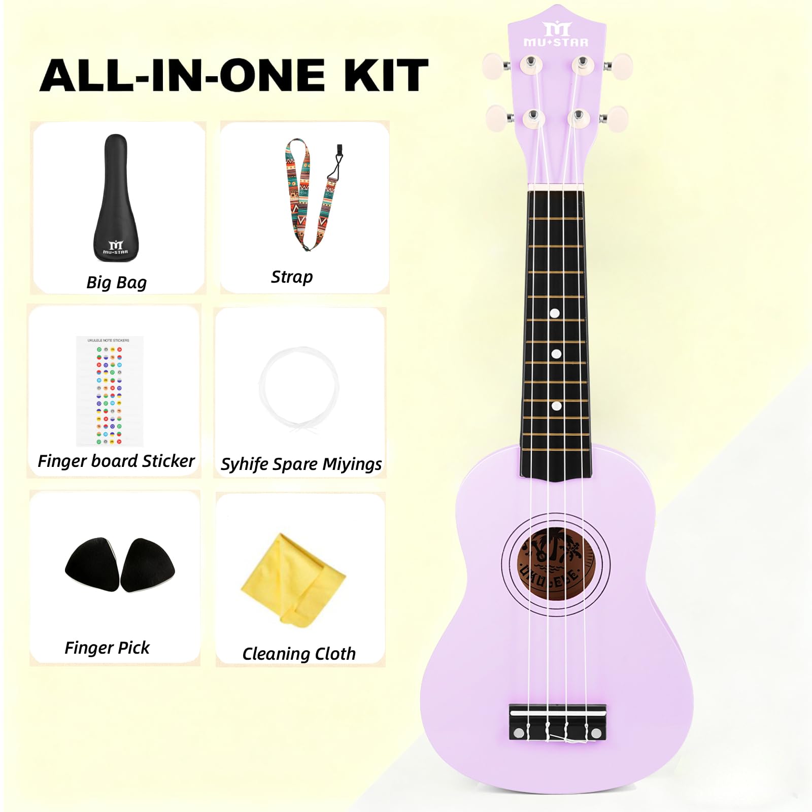 MUSTAR Sopran-Ukulele für Anfänger, 53,3 cm, Lindenholz-Ukulelen für Anfänger, Ukulelen-Set mit Gigbag, Gurt, violettes Ukulelen-Set
