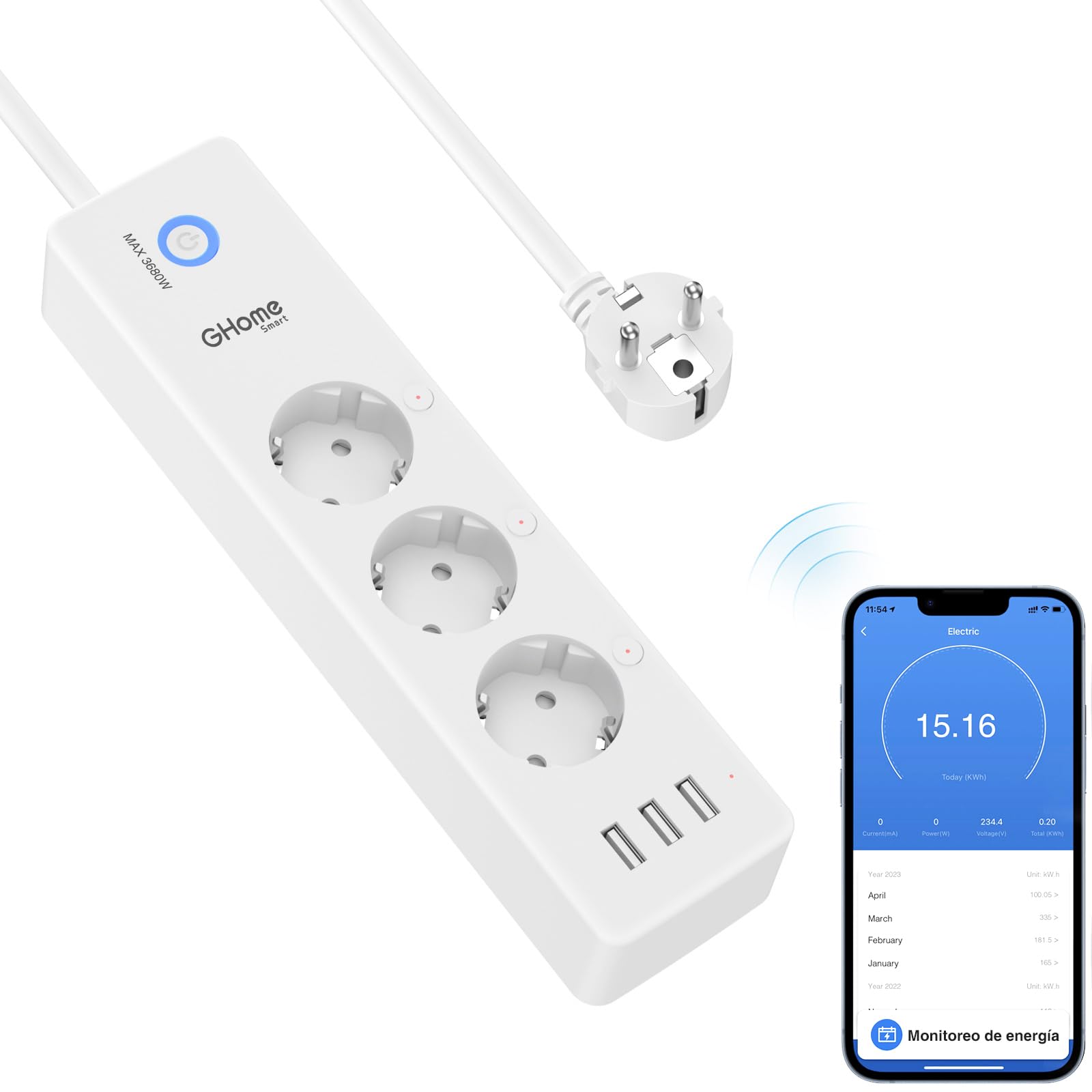 GHome Smart GHome Smart Regleta Inteligente Alexa con 3 Enchufes y 3 USB, Regleta WiFi Programable con Monitoreo de Consumo, Smart Plug Función de Temporizador, Compatible con Alexa y Google Home, 1.5M Ver2.0
