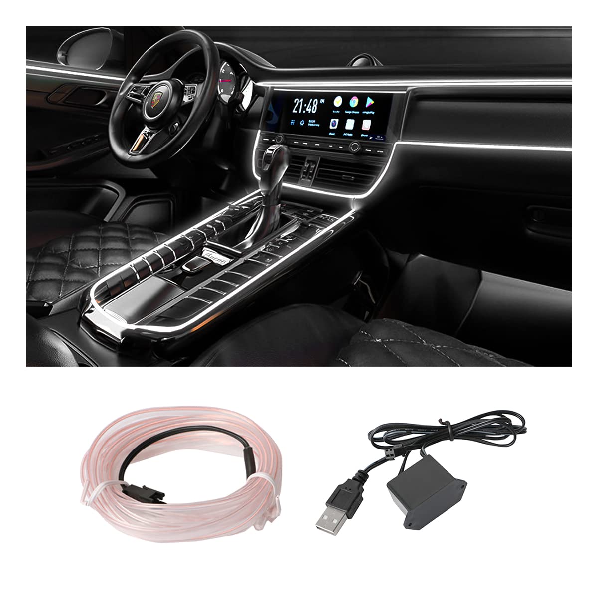 EL Wire Interior Car LED Strip Lights, USB Auto Neon Light Strip with Sewing Edge, 16FT Electroluminescent Car Ambient Lighting Kits with Fuse Protection, Car Decoration Accessories (White/16FT)
