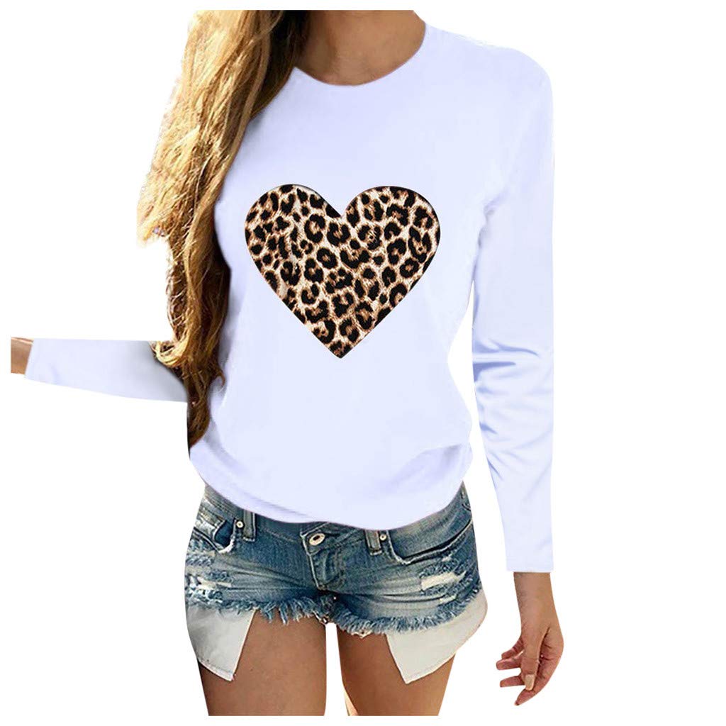 Women's Valentine Tops Leopard Heart Print Long Sleeve Crewneck Oversized Pullover Tops