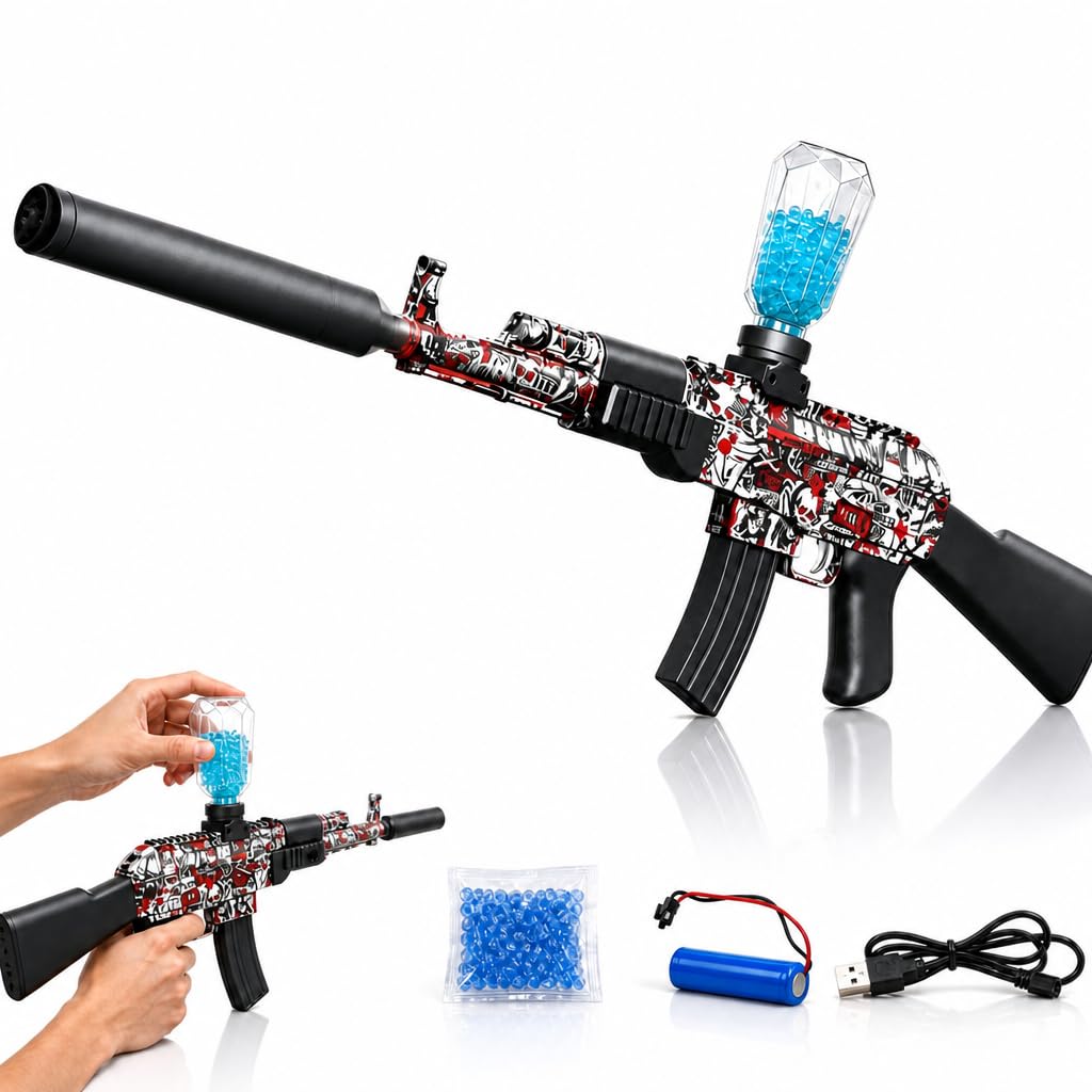 SGM Rechargeable Electric Gel Ball Blaster Toy, Water Bead Blaster with Extendable Barrel, Faceted Hopper, Full Buttstock, Safety Goggles & USB Cable, Red Black White Graffiti – 938-1