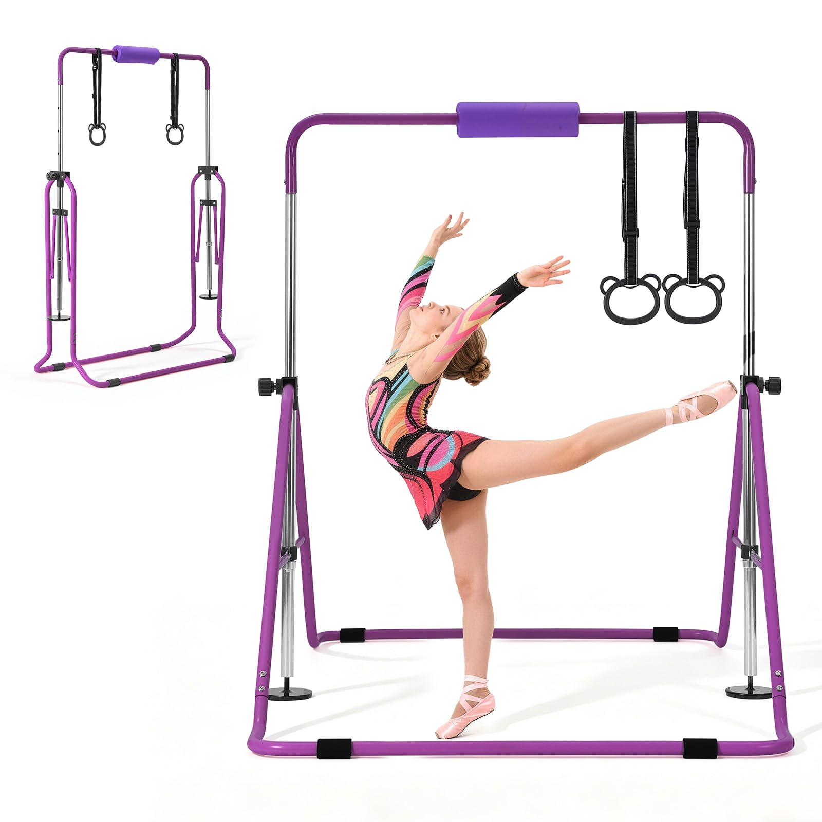 VEVOR Gymnastikstange für Kinder mit 63,5 kg Tragkraft, Klappbares Turnreck mit Turnringen, Höhenverstellbare Turnstange für Indoor- und Outdoor-Training, Heimtrainingsgerät für Kinderturnen