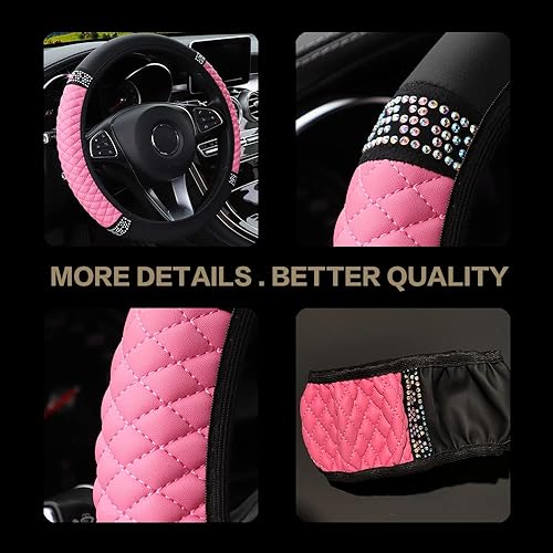 Miniatura 2 de Funda de cuero brillante para volante de automóvil de 15 pulgadas con diamantes de cristal coloridos, protector universal antideslizante y elástico