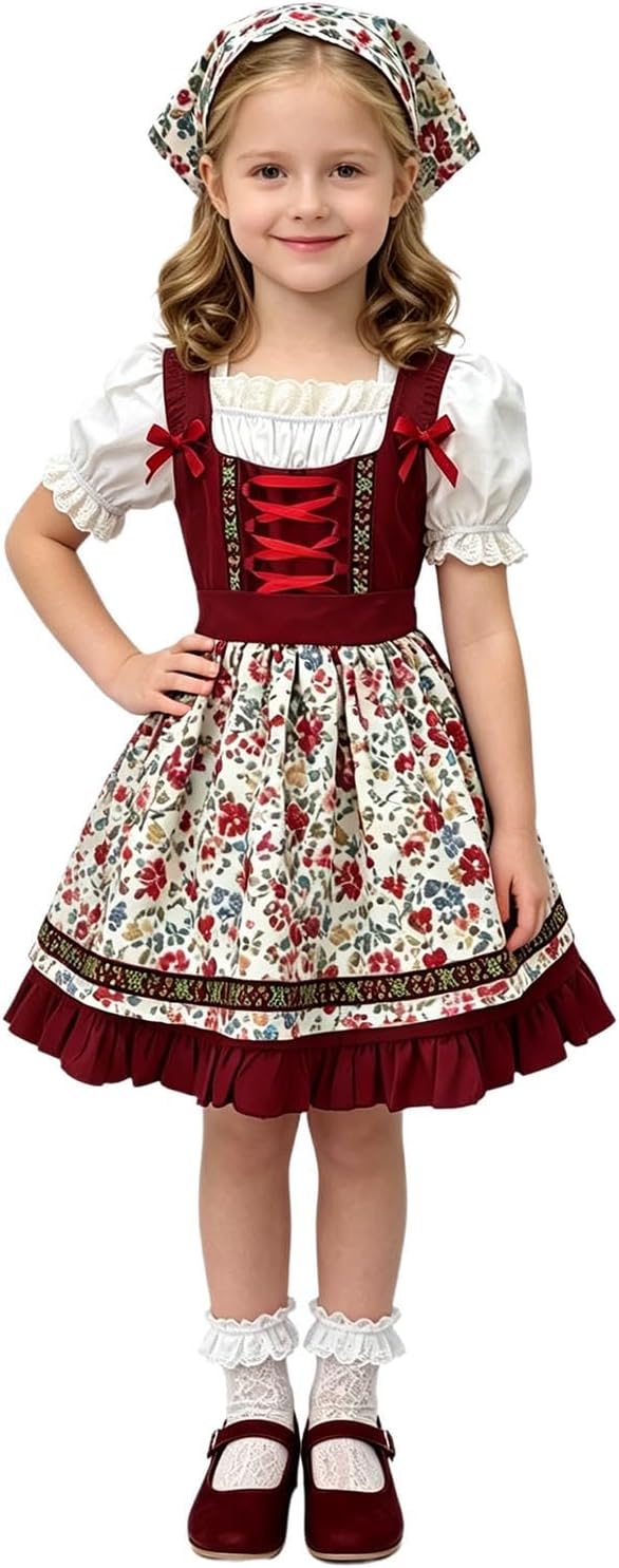 Kaerm Bawarski kostium dla dziewcząt, niemiecki strój Dirndl, dla dziewcząt, wzór kwiatowy, sukienka preria, tradycyjny strój na Oktoberfest, karnawał