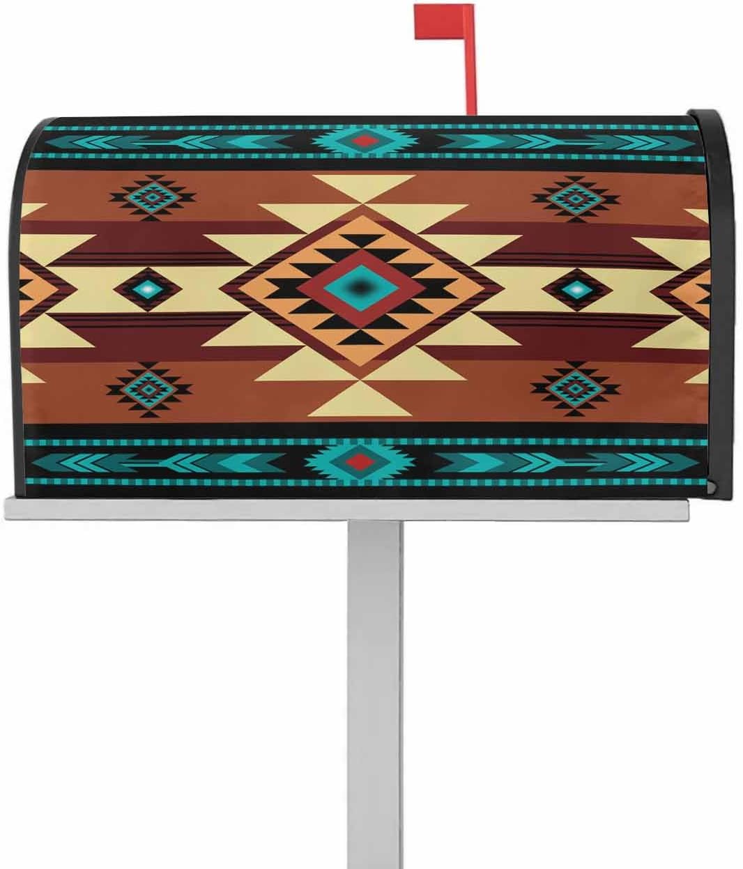 Southwestern Mailbox Covers Magnetic Standard Size,Decorative Post Letter Numbers Box Wrap Decoration Covers Accessories for Garden Outdoor Décor Rustic Traditional Tribal Geometriy Brown Red Boho