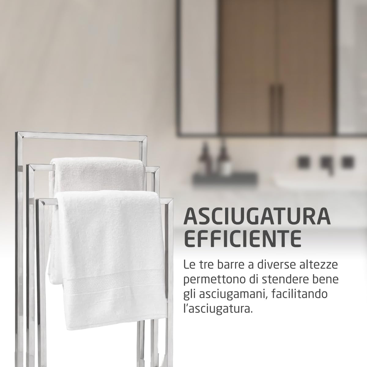 Amig - Porta asciugamani da terra cromato con 3 barre metalliche - Supporto da pavimento per asciugamani da bagno - Stile moderno con finitura lucida e base stabile - Senza fori