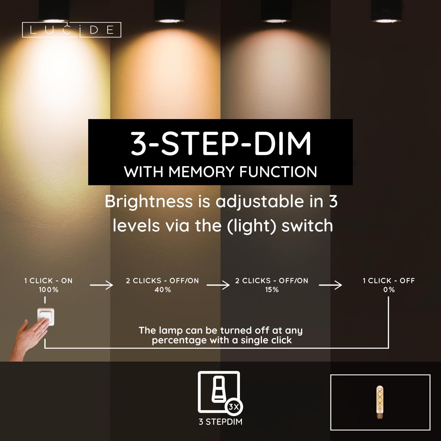 LUCIDE T32 - Bombilla de filamento, diámetro de 3 cm, E27-1x4,9 W, 2200 K, ámbar