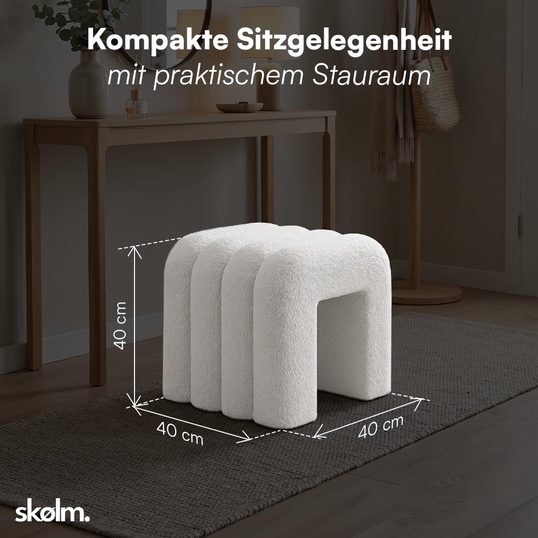skølm Selitha Hocker U-Form, Sitzhocker 40x40cm, Teddy Bouclé, Creme-weiß
