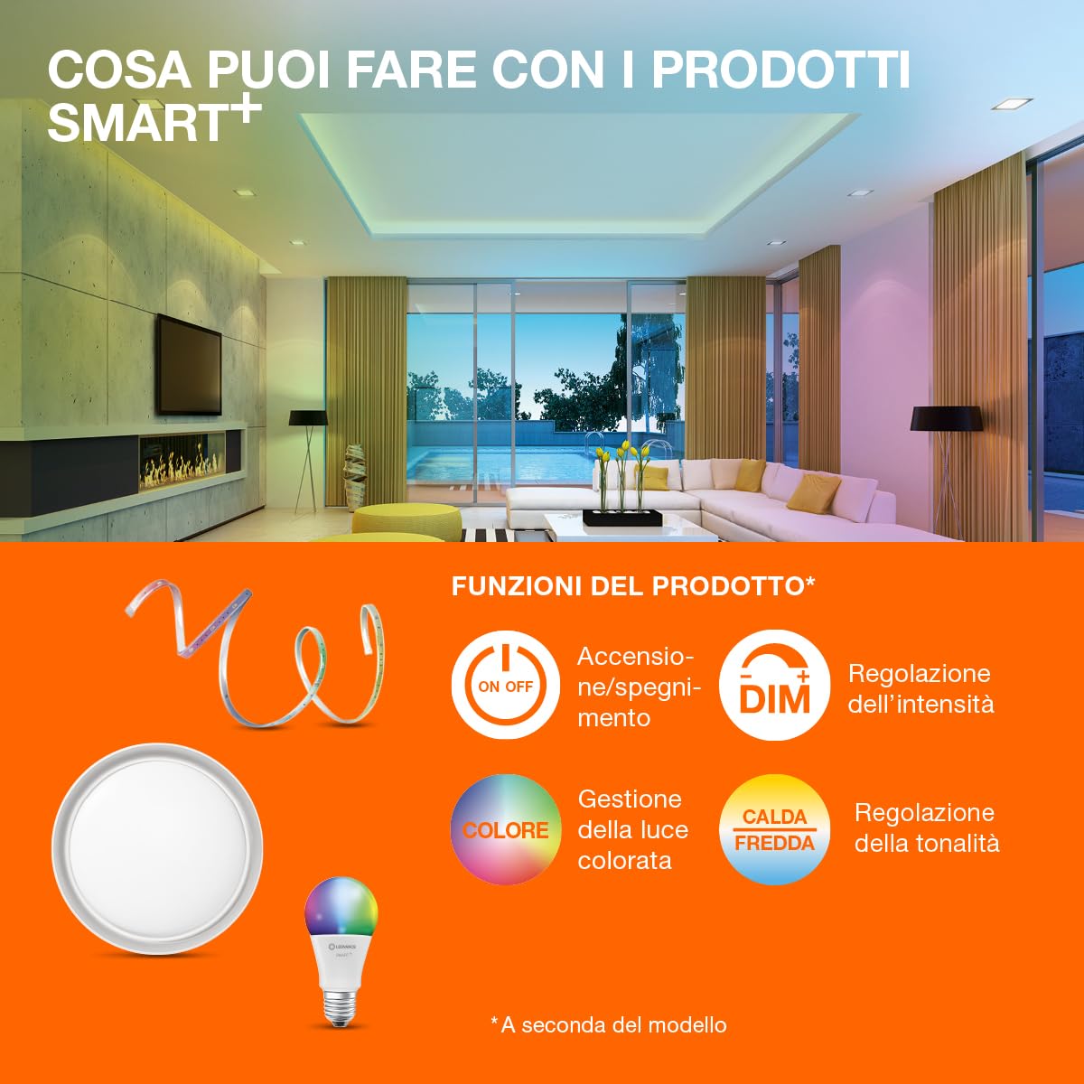 LEDVANCE Plafoniera WiFi bianca, 30W, 1900LM, 3000-6500K, 100x25 cm, lampada da parete dimmerabile, tecnologia RGB, Smart+ Planon, controllabile tramite app o assistenti vocali come Alexa o Google