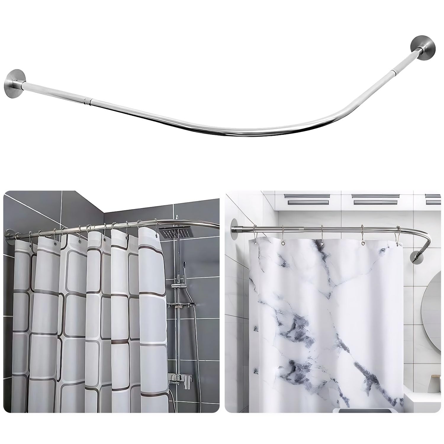 Gluckluz Shower Curtain Rod L Shape No Drill Telescopic Tension Curtain Rail (70-95CM × 90-130CM) Curved Corner Extendable Pole Bar Rack with Adjustable Adhesive Base for Bathroom Clothing Store