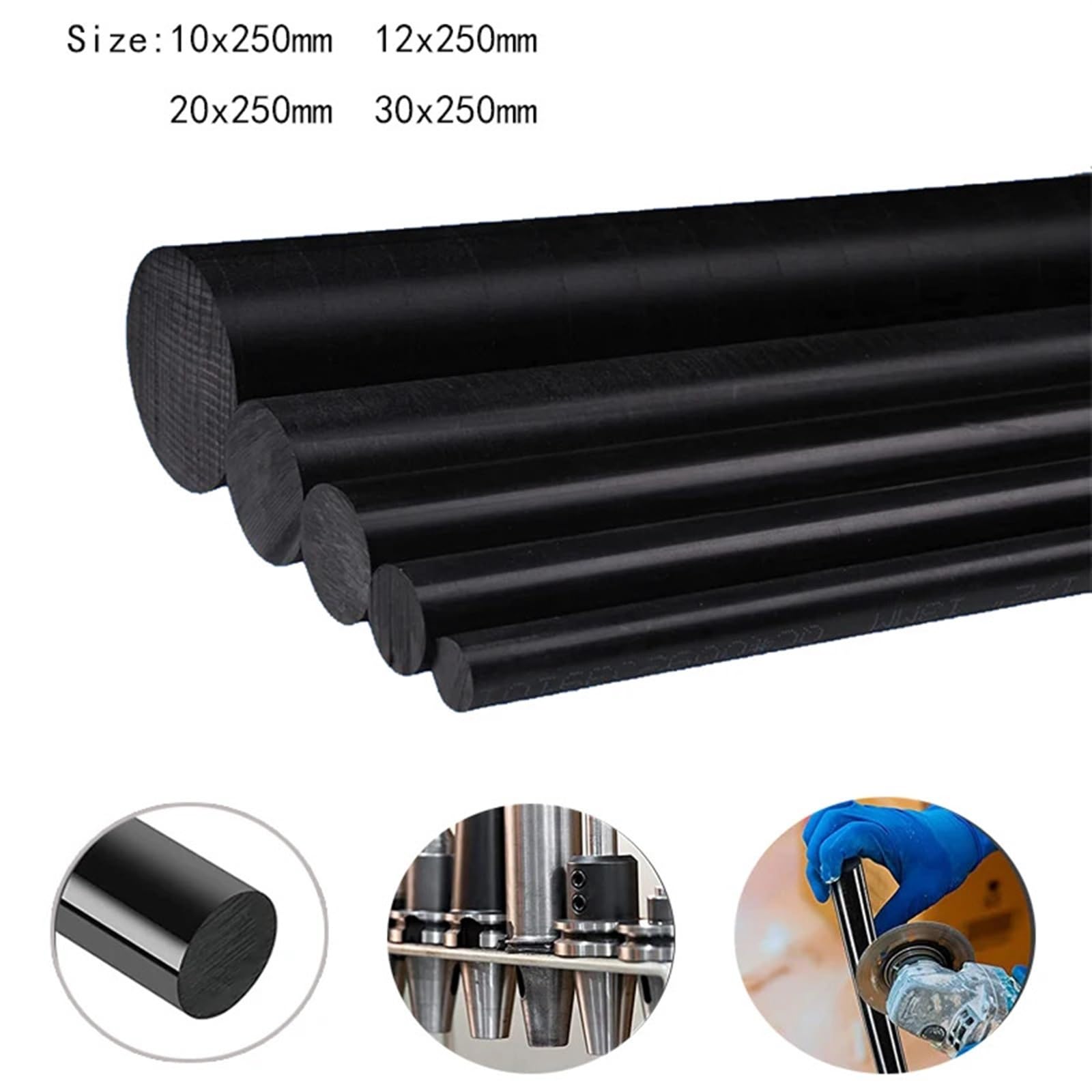 Nylonstab, 5 Stück, Durchmesser 10/12/20/30 mm, schwarzer Polyamidstab PA6, reine Nylonstäbe, verschleißfest, Stablänge 250 mm, Kunststoffstäbe(10x250mm)